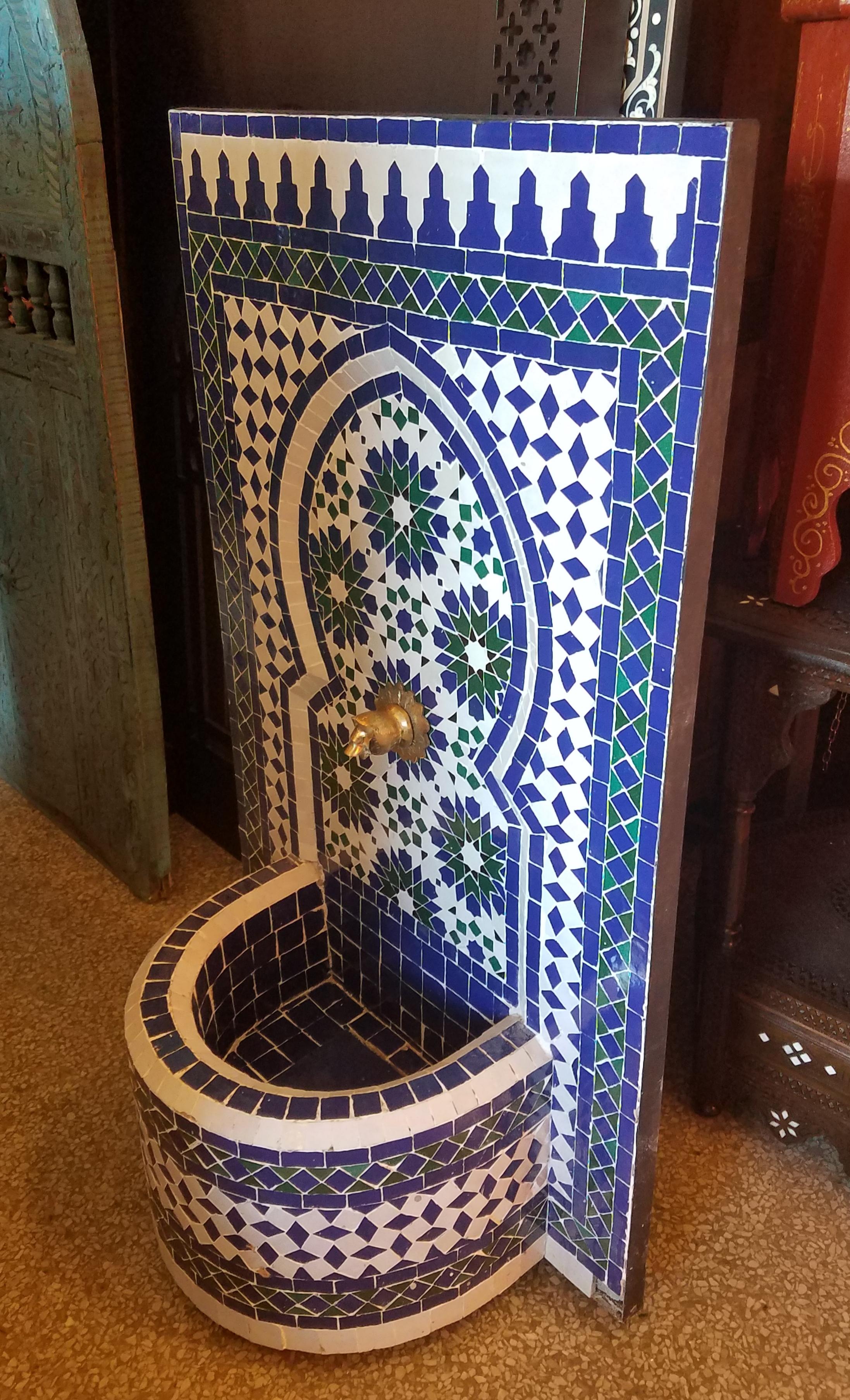 Blue/White/Green Moroccan Mosaic Tile Fountain For Sale 1