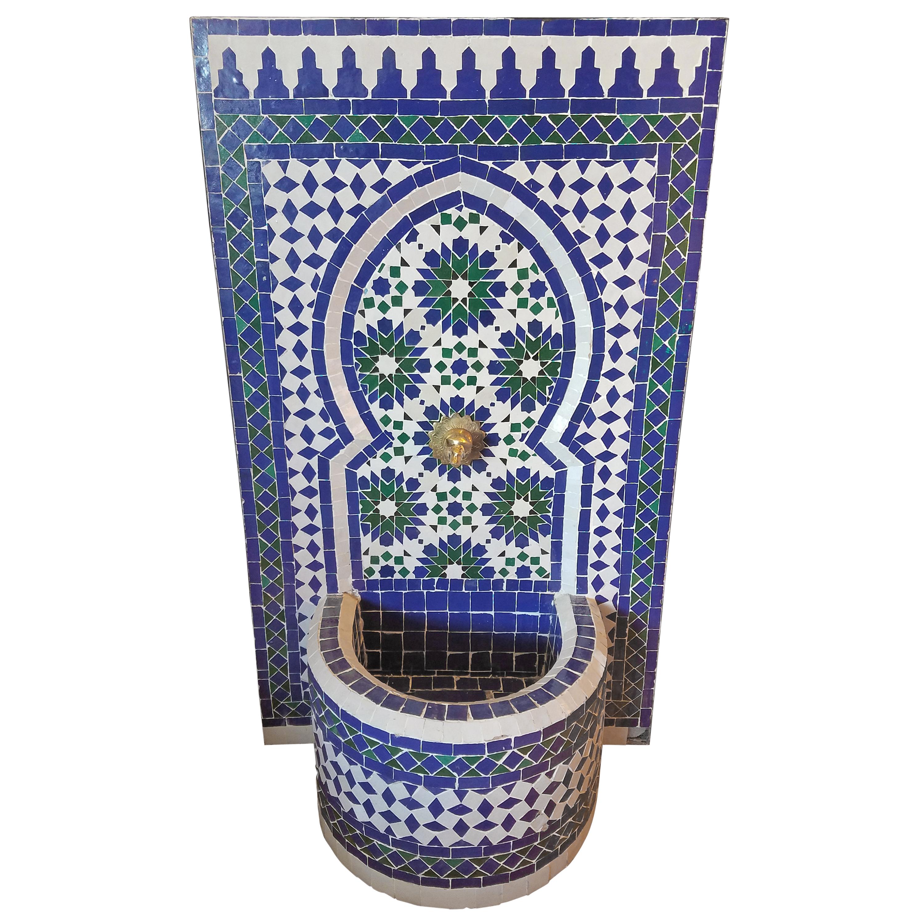 Blue/White/Green Moroccan Mosaic Tile Fountain For Sale