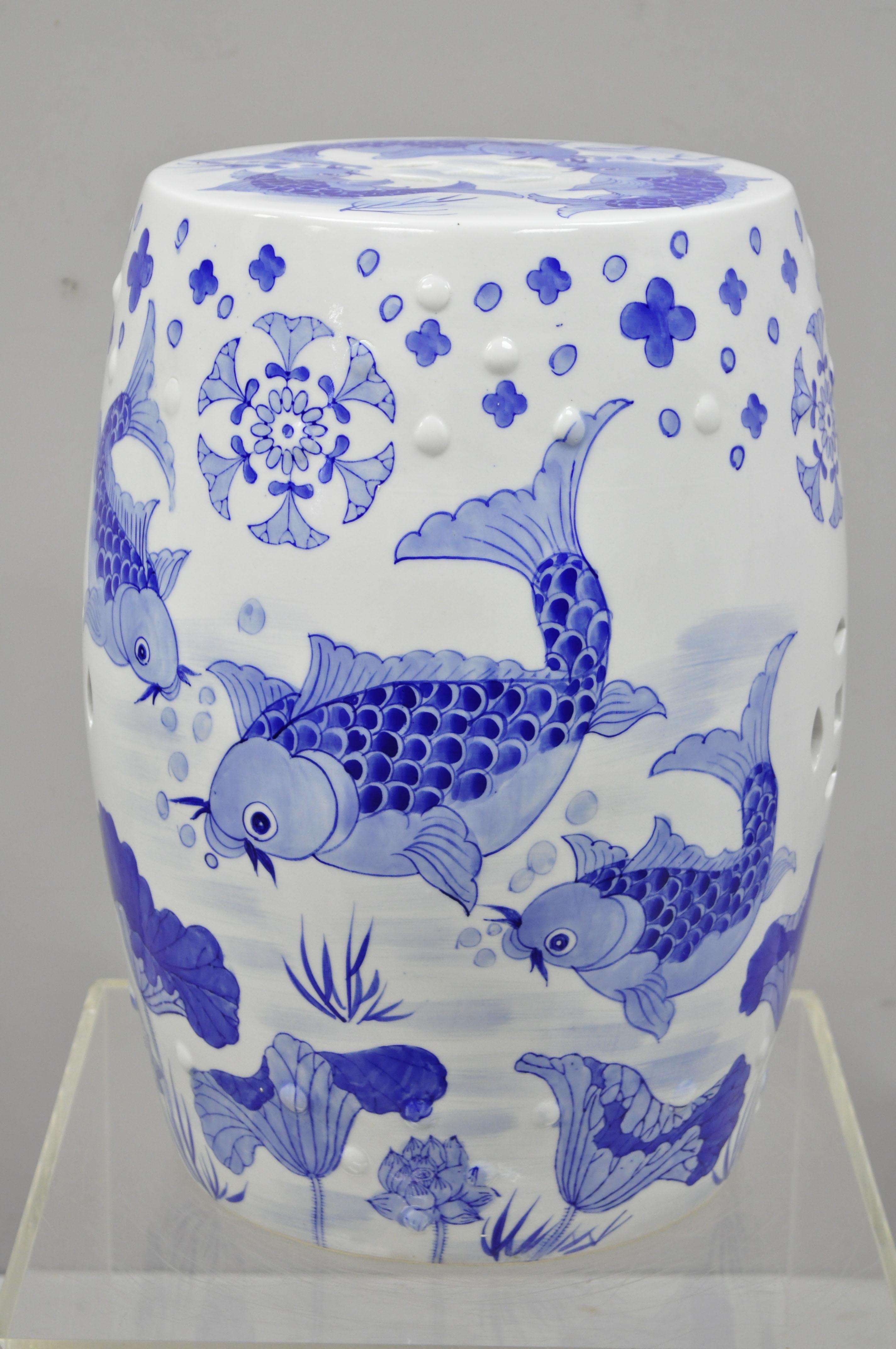 Blue & White Koi Fish Porcelain Chinese Oriental Drum Garden Seat Pedestal 3