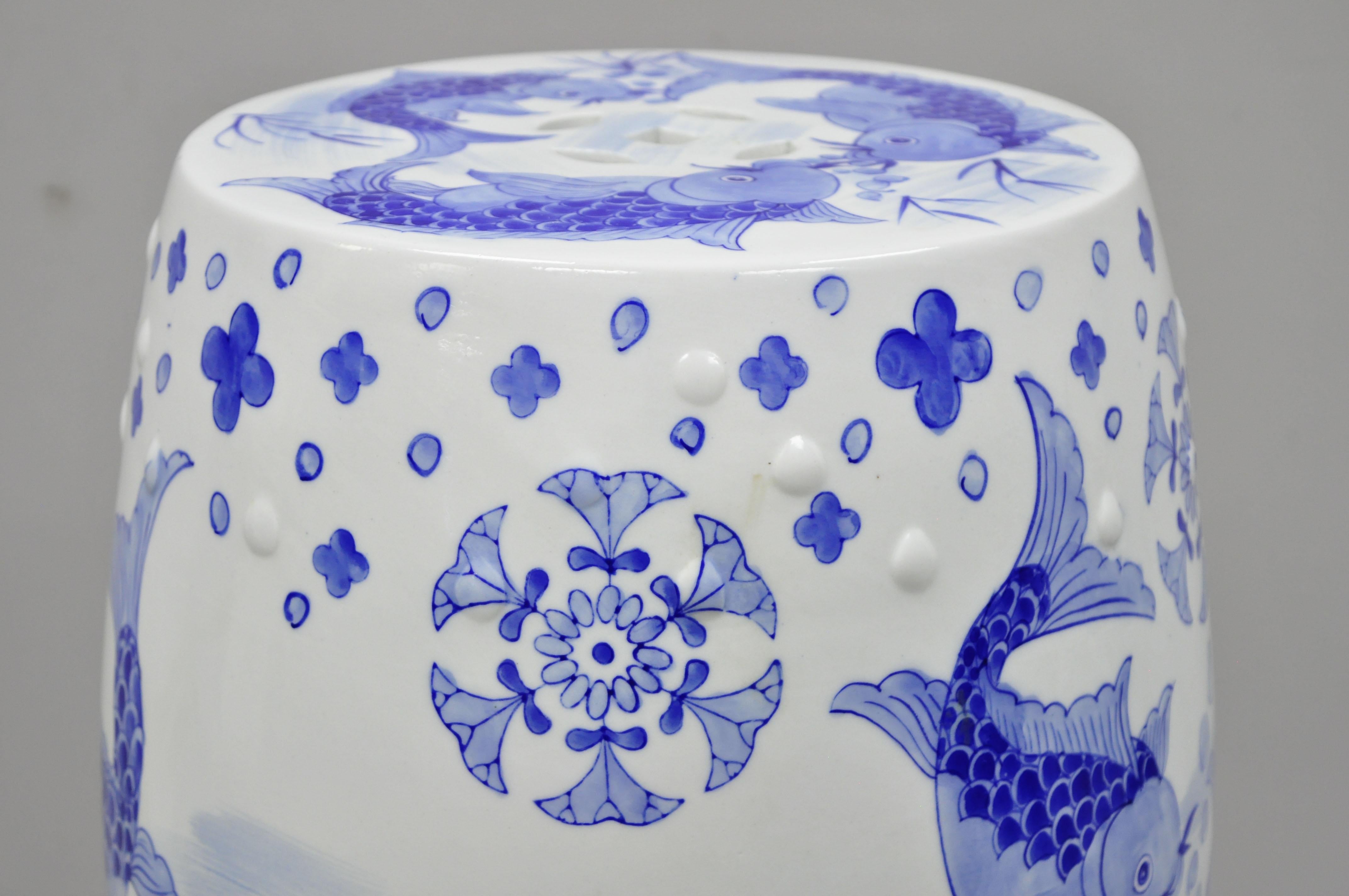 Chinoiserie Blue & White Koi Fish Porcelain Chinese Oriental Drum Garden Seat Pedestal