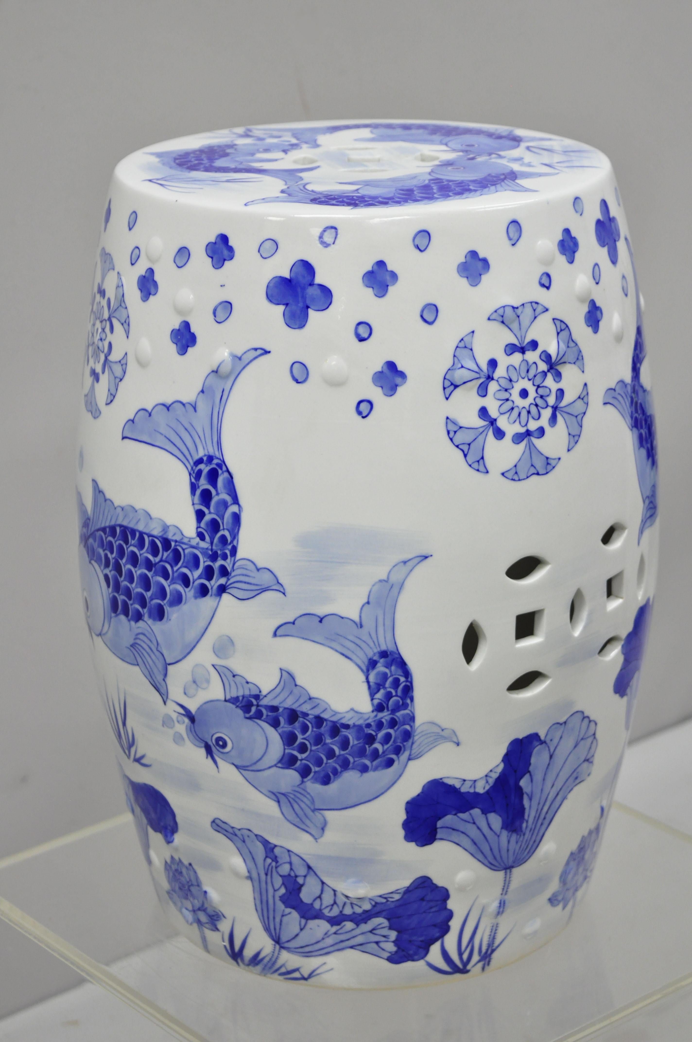 Blue & White Koi Fish Porcelain Chinese Oriental Drum Garden Seat Pedestal 1