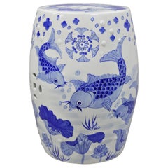 Antique Blue & White Koi Fish Porcelain Chinese Oriental Drum Garden Seat Pedestal