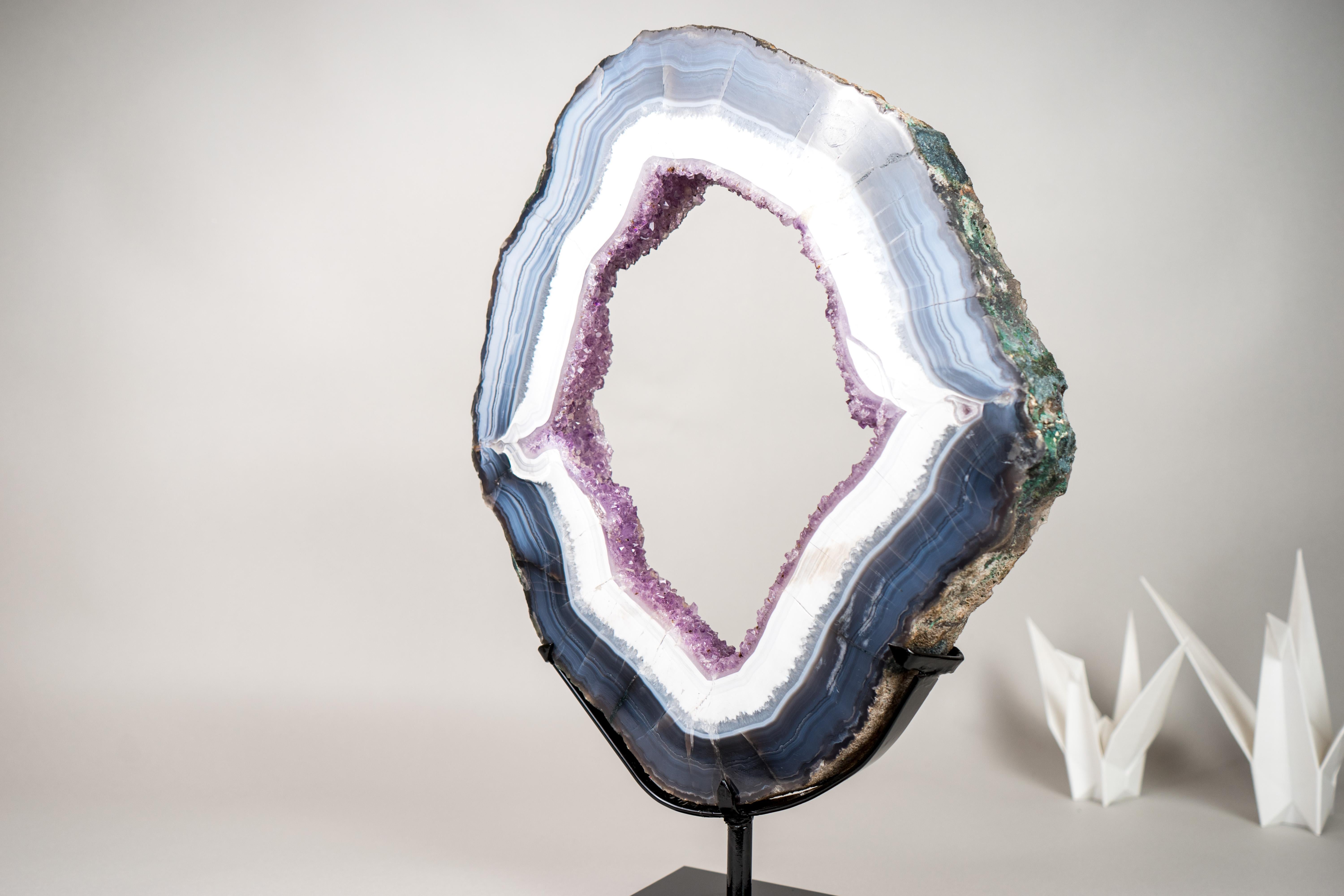 Blue & White Lace Agate Geode Slice with Lavender Amethyst Druzy on Stand For Sale 4