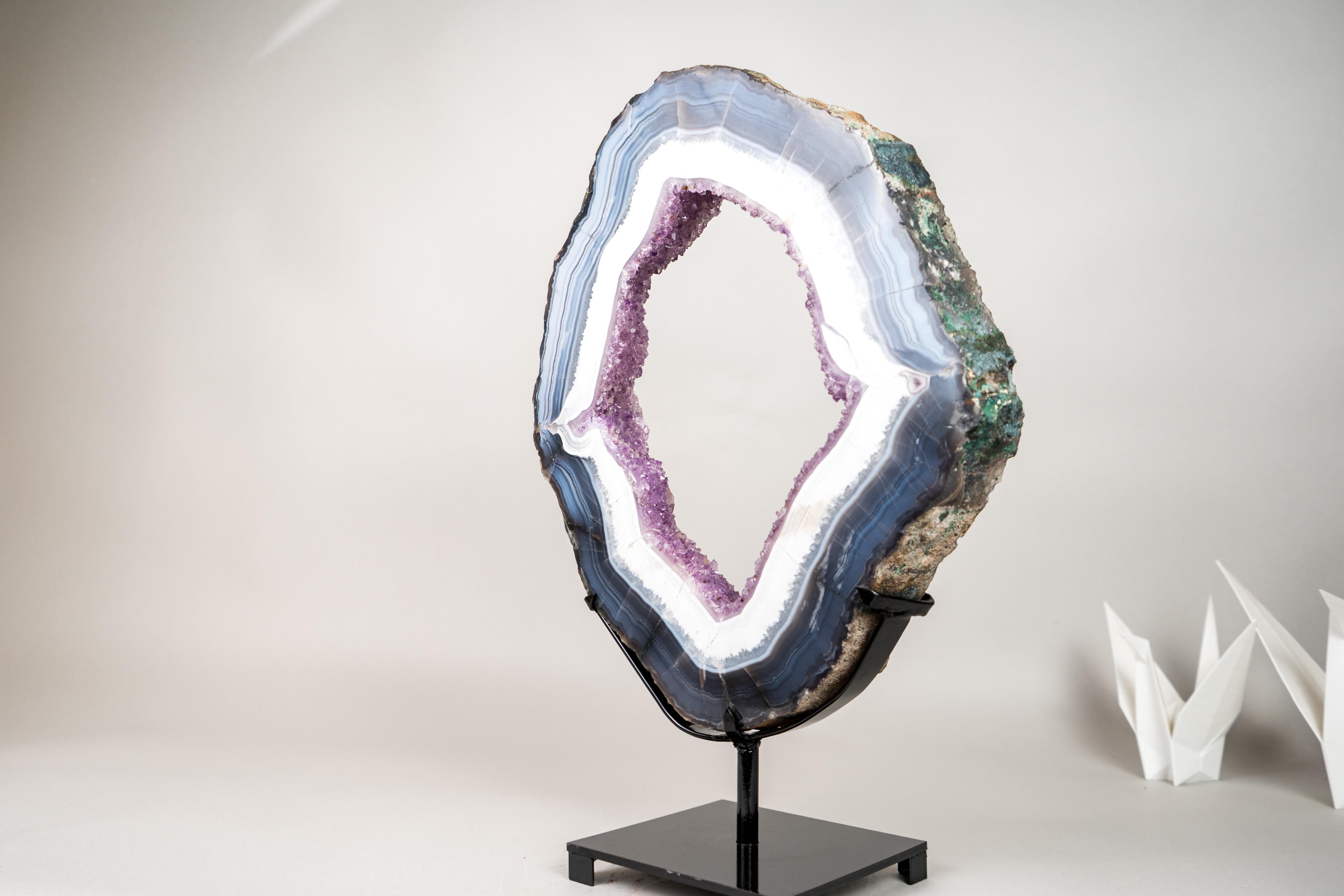 Blue & White Lace Agate Geode Slice with Lavender Amethyst Druzy on Stand For Sale 5