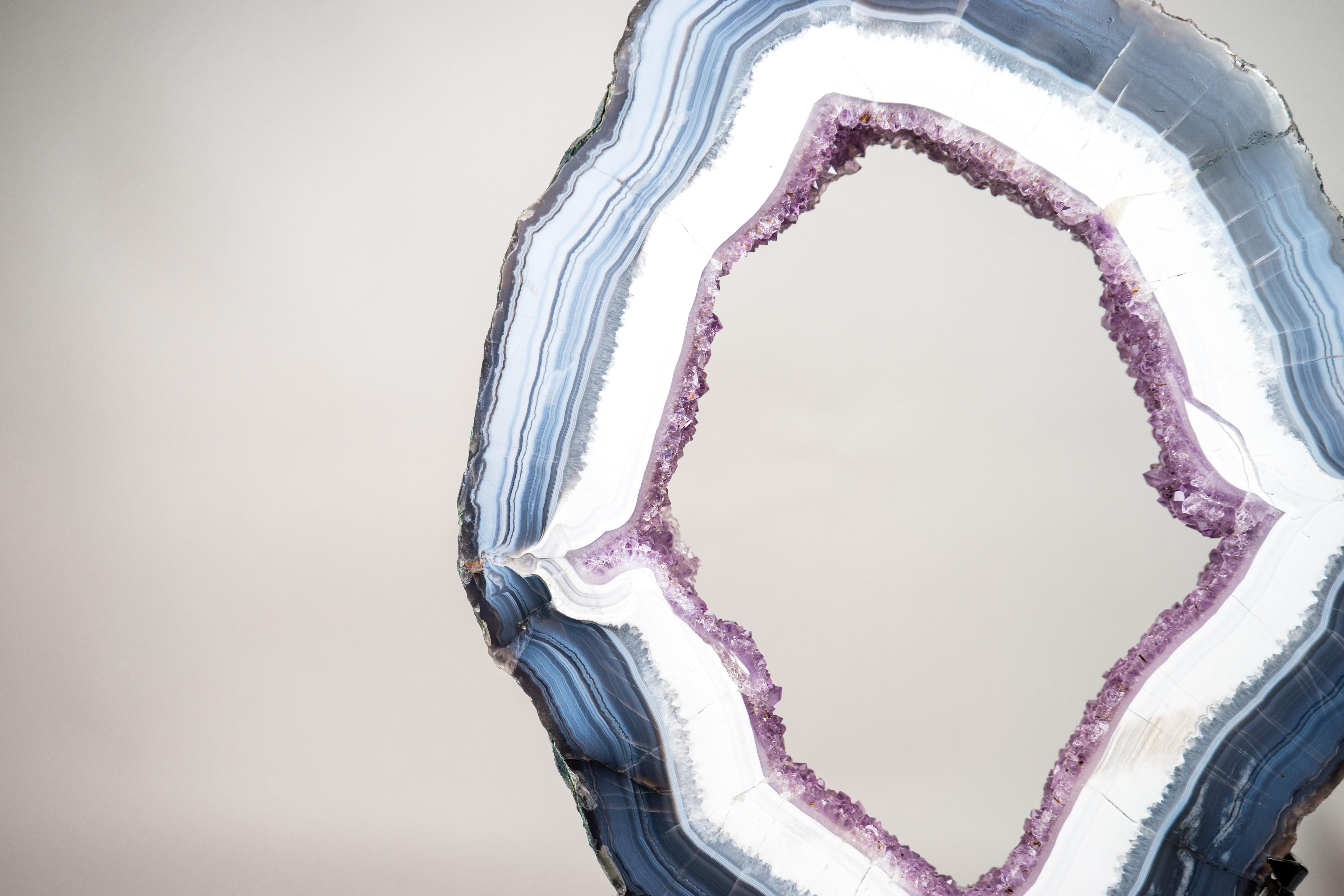 Brazilian Blue & White Lace Agate Geode Slice with Lavender Amethyst Druzy on Stand For Sale