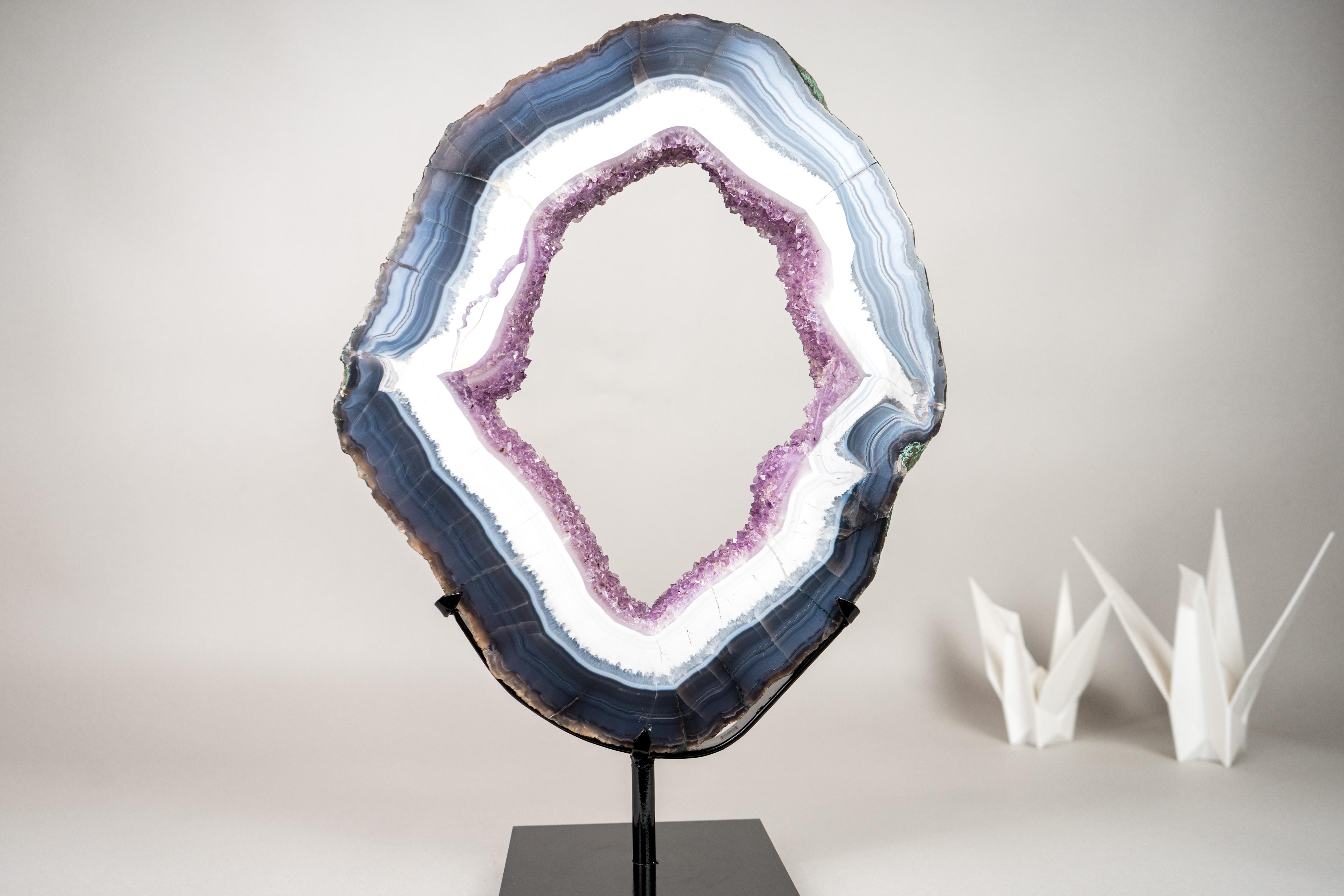 Contemporary Blue & White Lace Agate Geode Slice with Lavender Amethyst Druzy on Stand For Sale