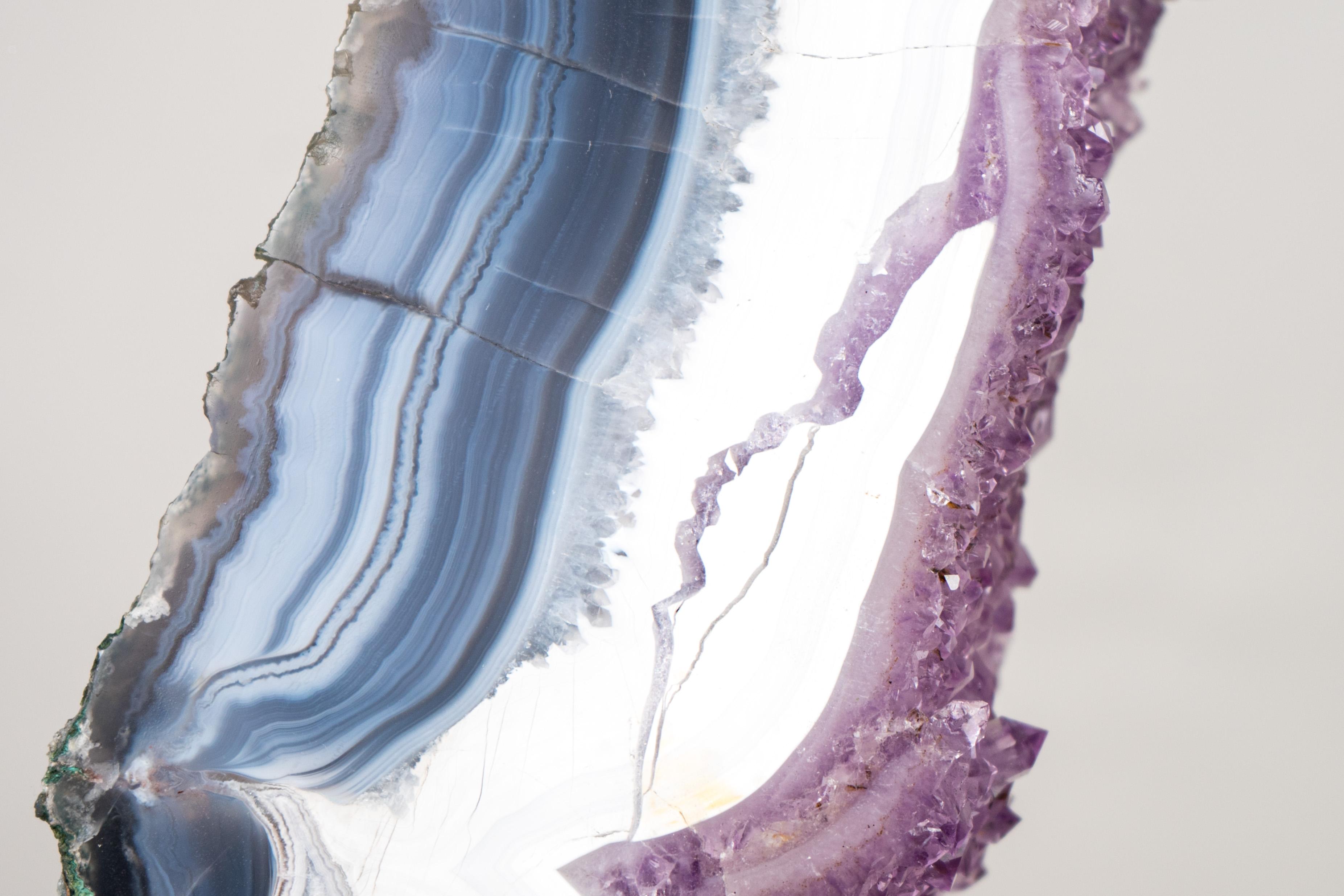 Crystal Blue & White Lace Agate Geode Slice with Lavender Amethyst Druzy on Stand For Sale