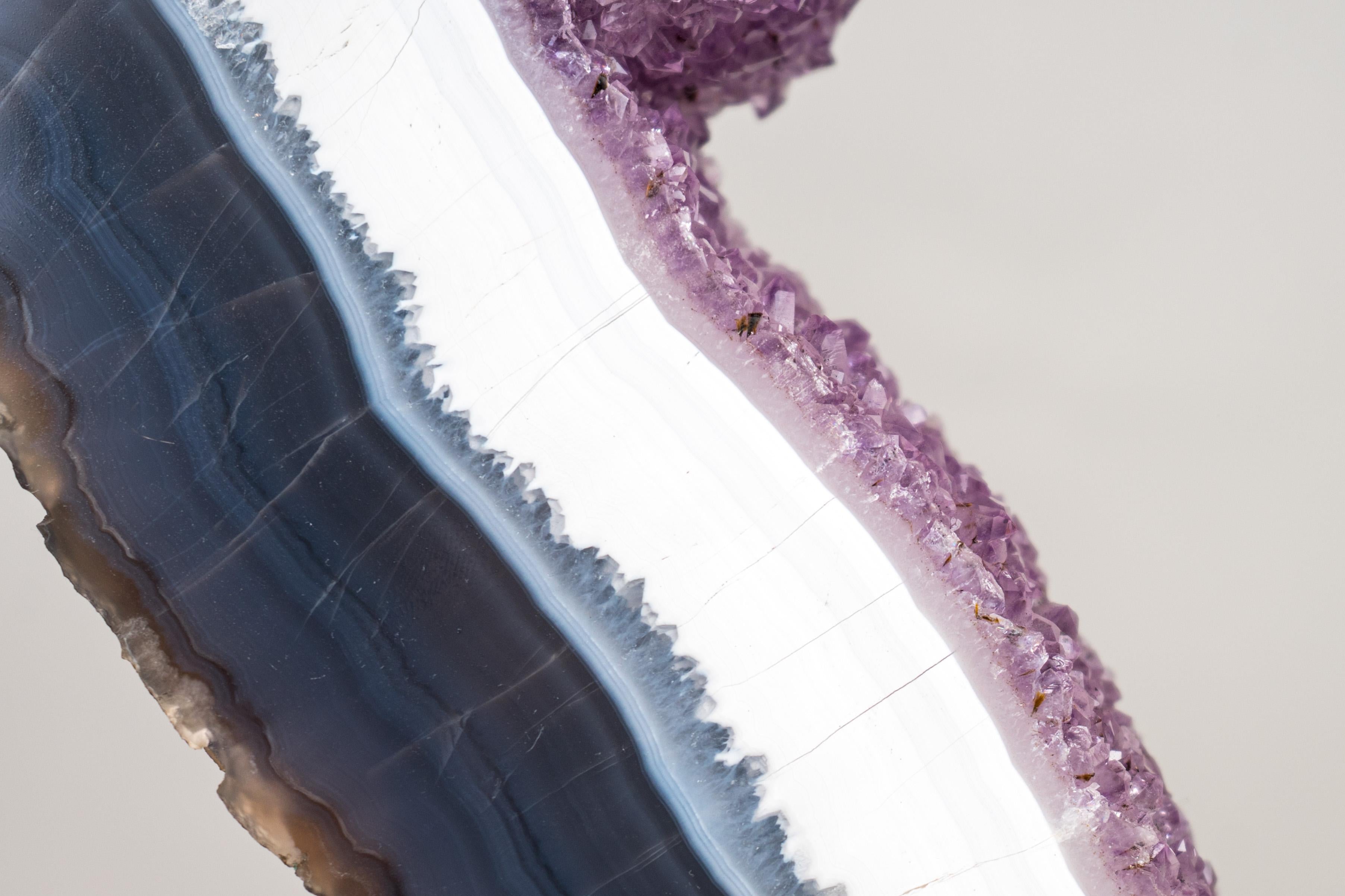 Blue & White Lace Agate Geode Slice with Lavender Amethyst Druzy on Stand For Sale 1