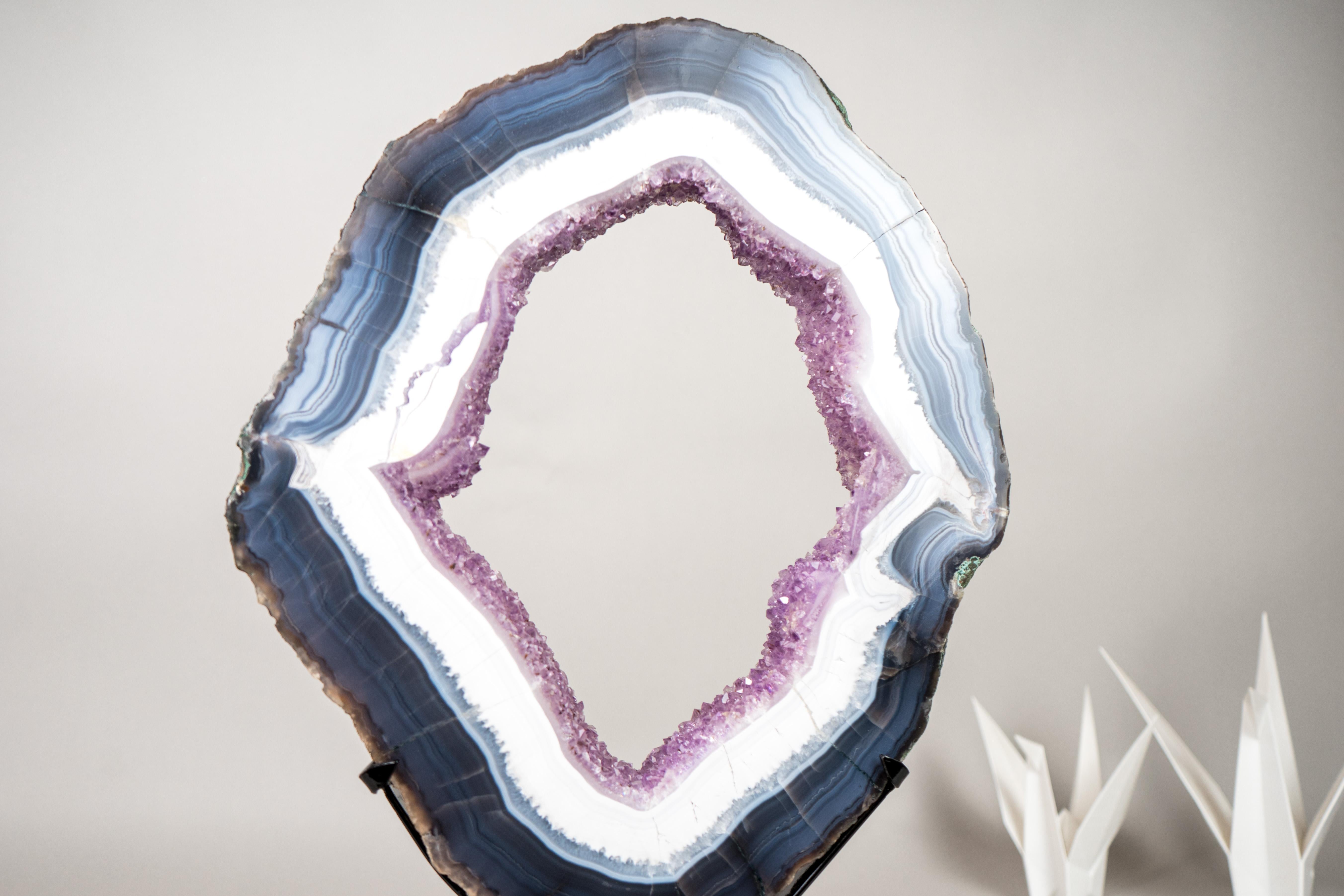 Blue & White Lace Agate Geode Slice with Lavender Amethyst Druzy on Stand For Sale 2
