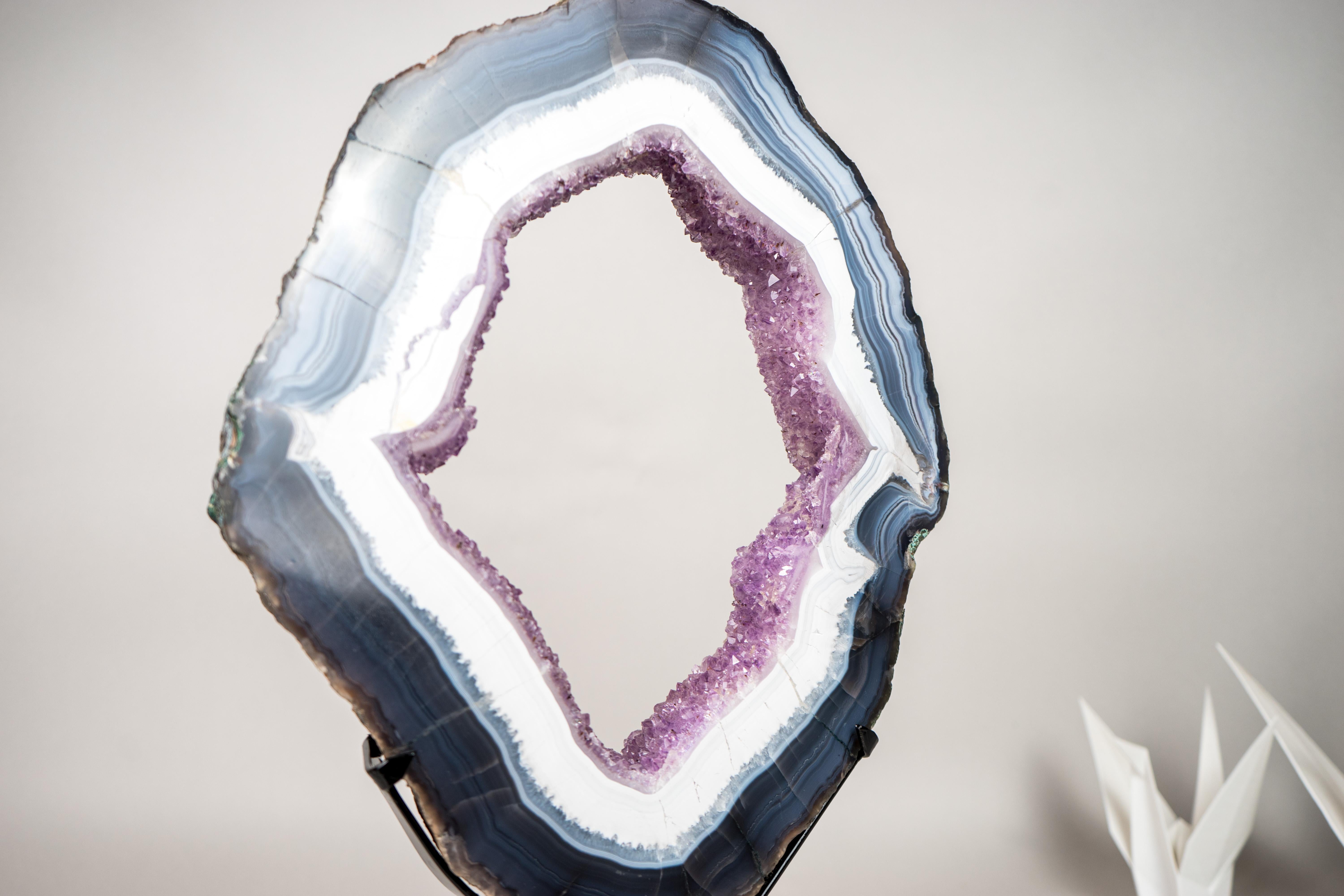 Blue & White Lace Agate Geode Slice with Lavender Amethyst Druzy on Stand For Sale 3
