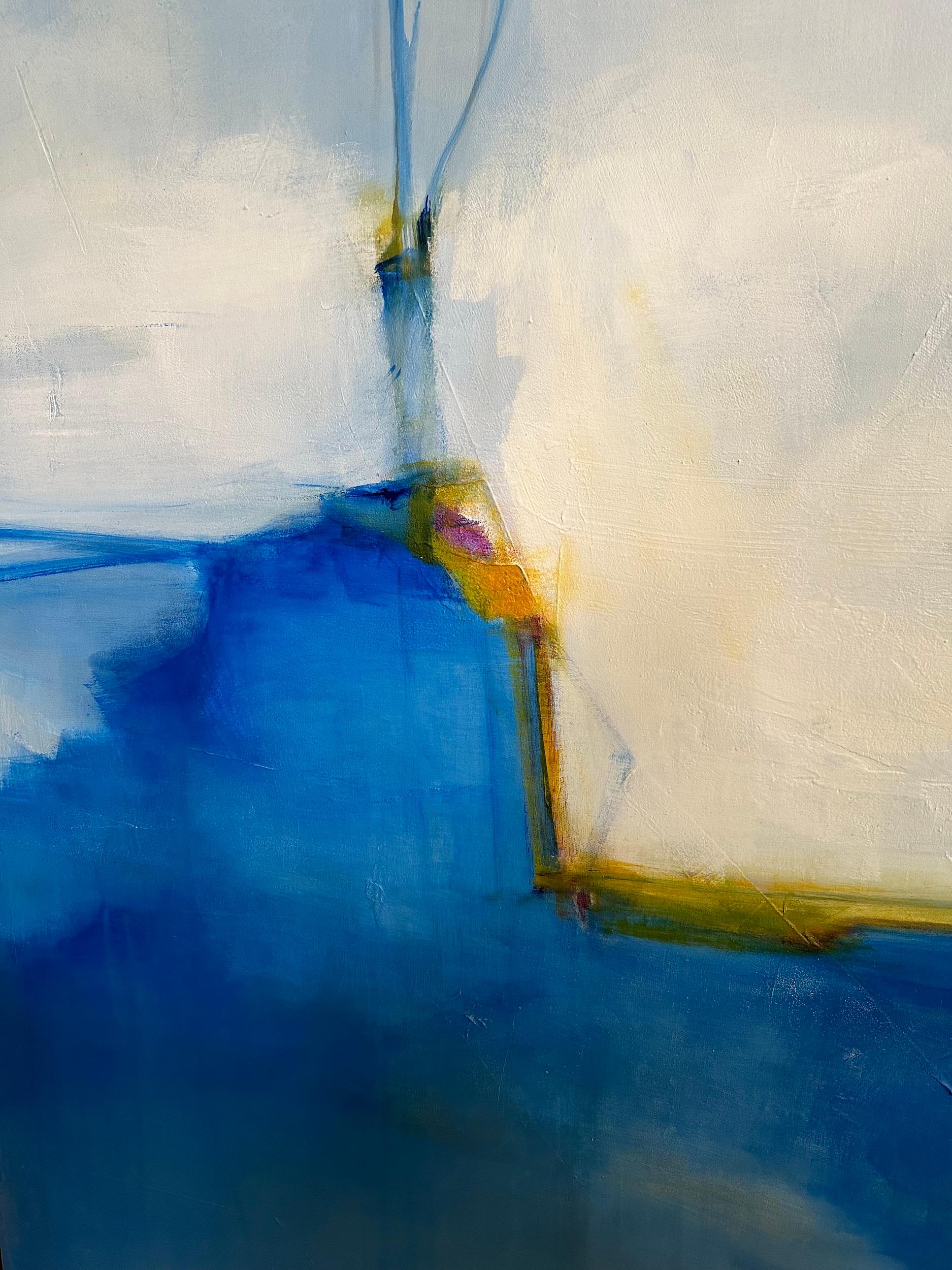 Zeitgenössischer amerikanischer Künstler Patrick Phillips großes abstraktes Gemälde.
Blau und weiß mit senffarbener, horizontaler Linie.
Acryl mit Textur.
Ungerahmt.