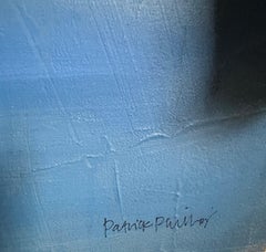 Grande quadro acrilico astratto in blu e bianco, stile contemporaneo