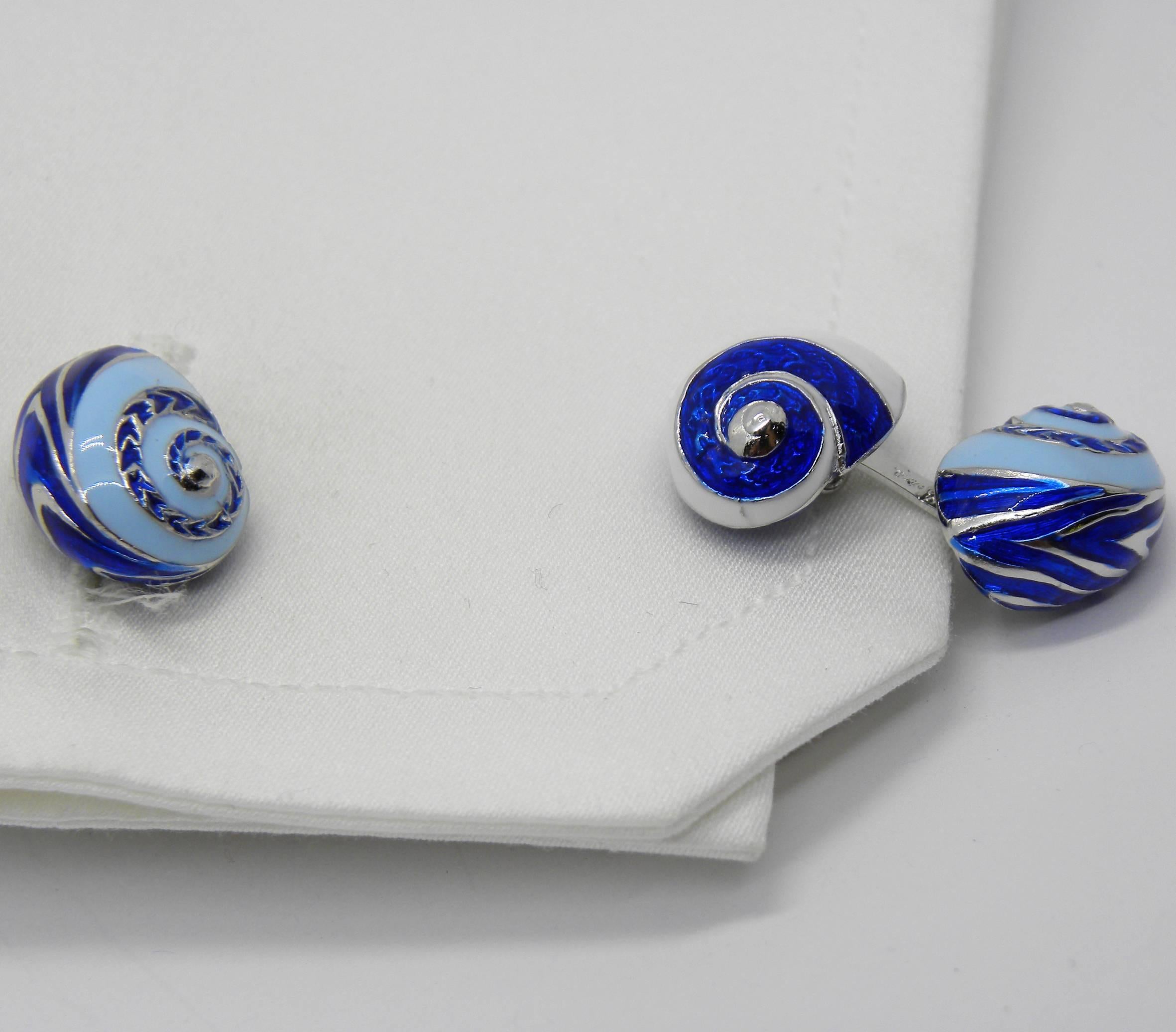 Berca Blue White Light Blue Enamelled Seashell Shaped Sterling Silver Cufflinks For Sale 5