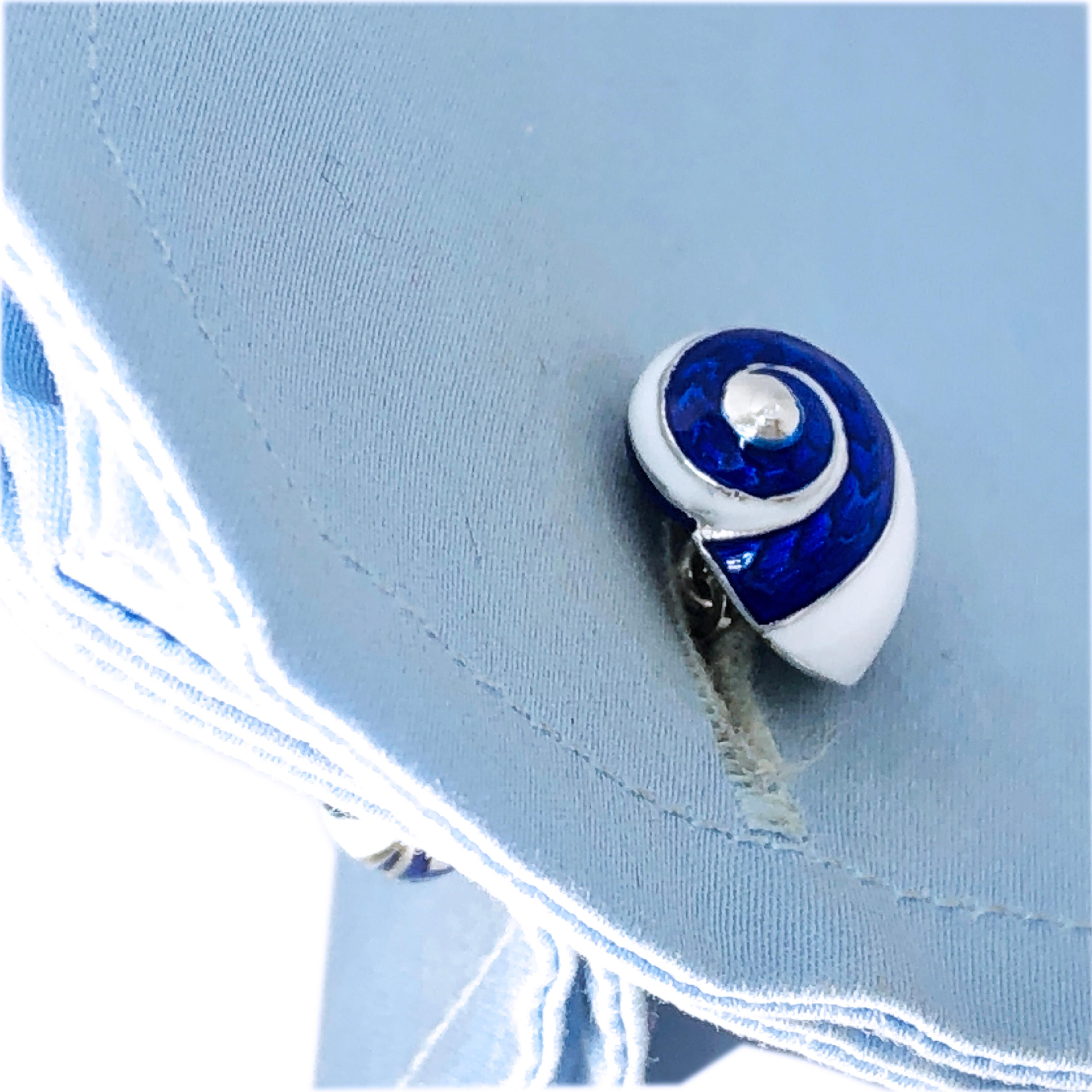 Berca Blue White Light Blue Enamelled Seashell Shaped Sterling Silver Cufflinks For Sale 6
