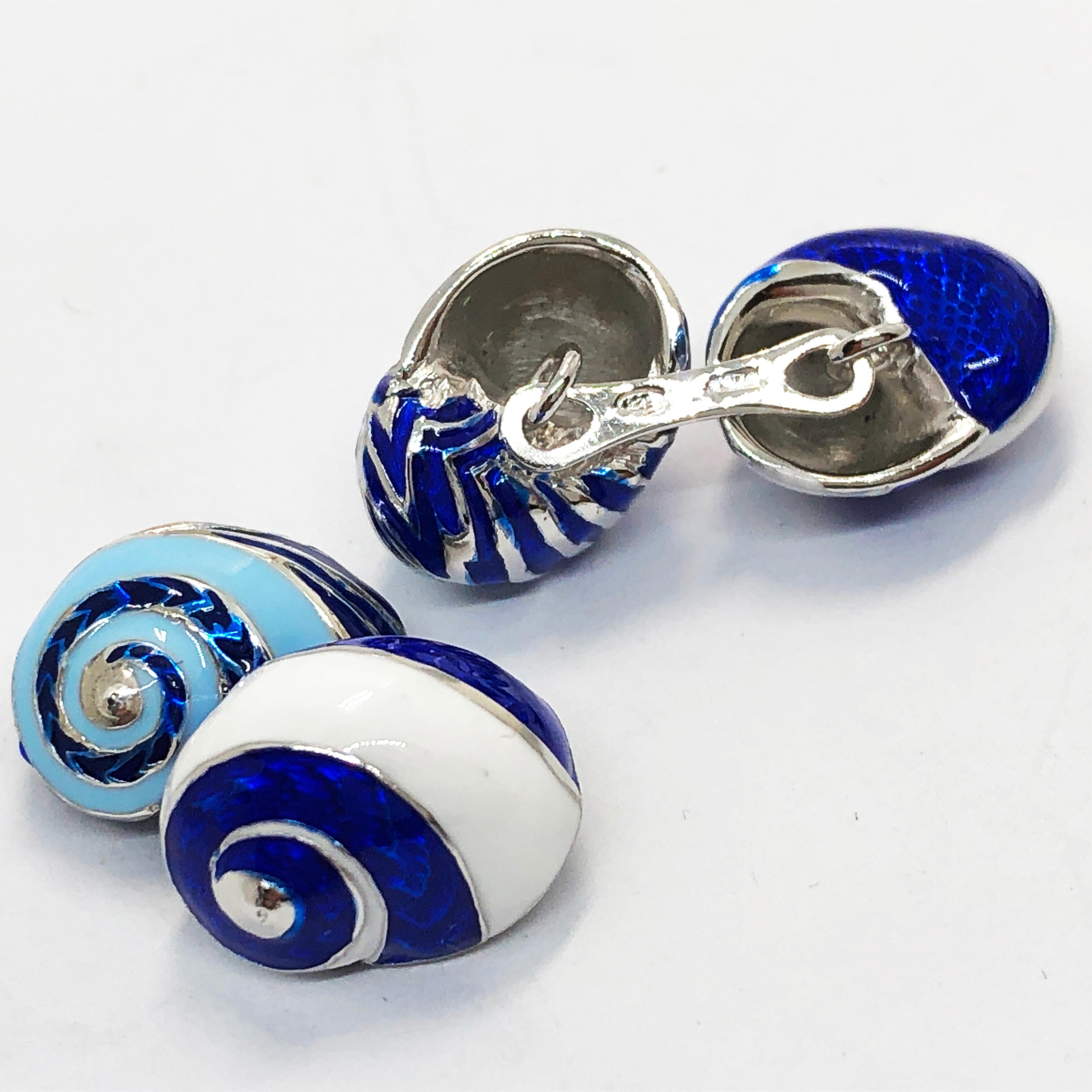 Berca Blue White Light Blue Enamelled Seashell Shaped Sterling Silver Cufflinks For Sale 8