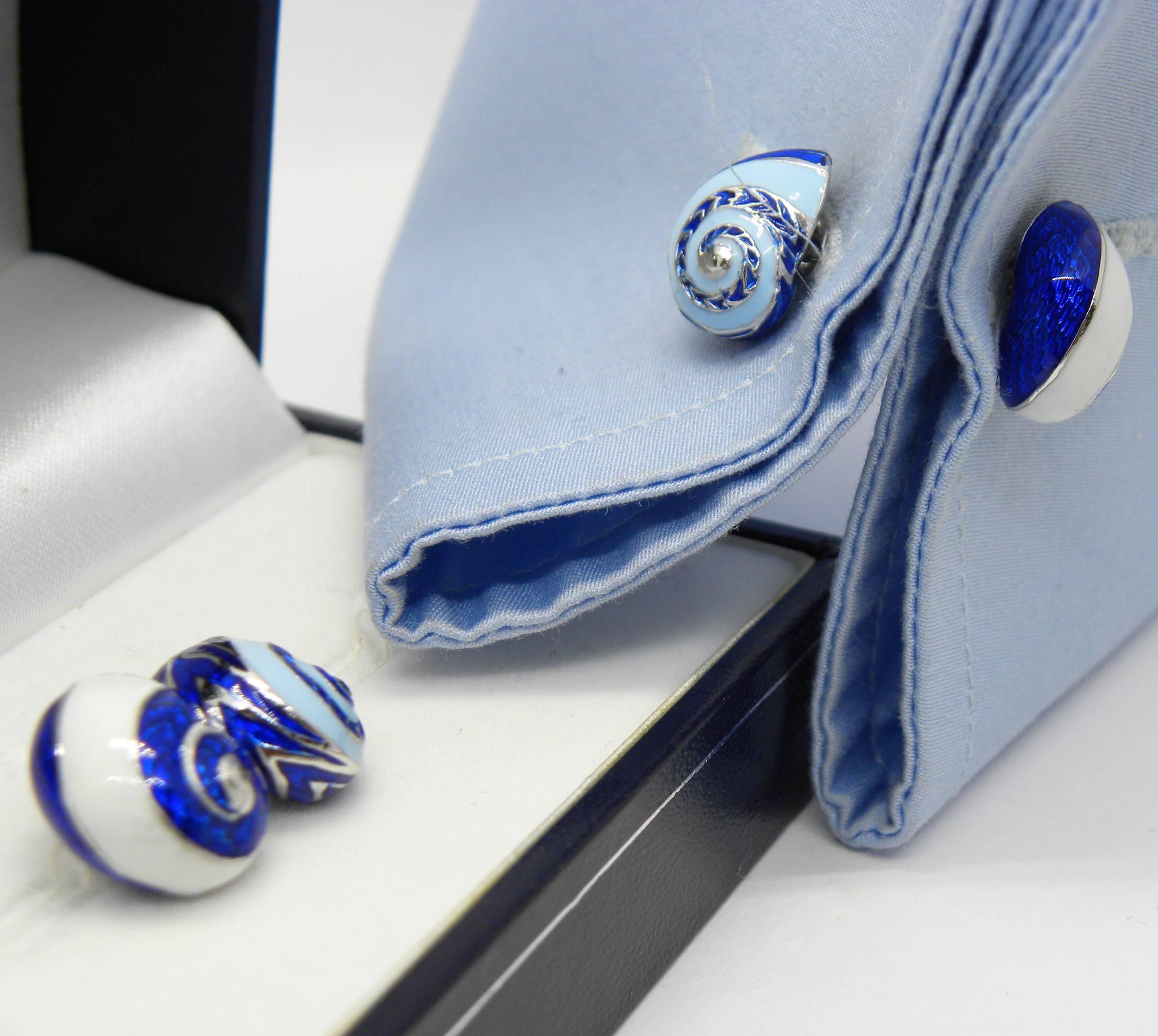 Berca Blue White Light Blue Enamelled Seashell Shaped Sterling Silver Cufflinks For Sale 10