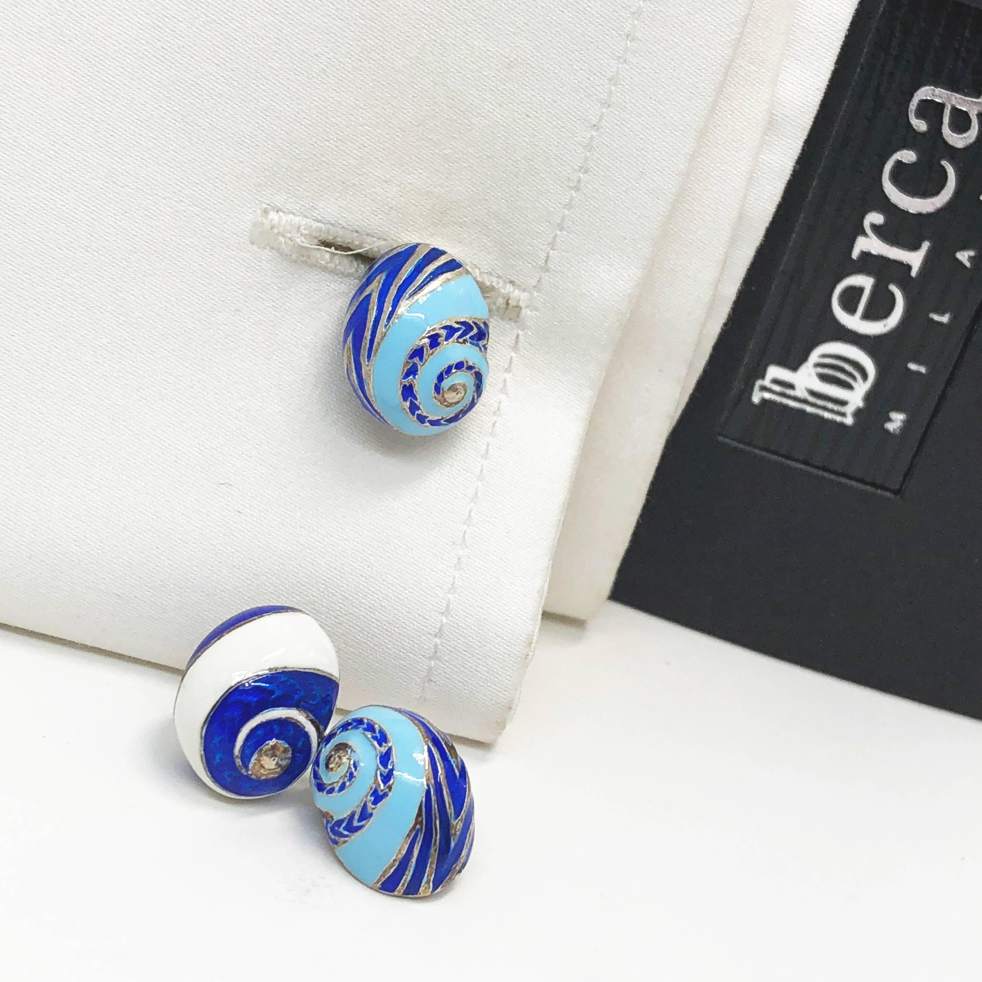 Blue White Light Blue Hand Enamelled Seashell Shaped Sterling Silver Cufflinks 11