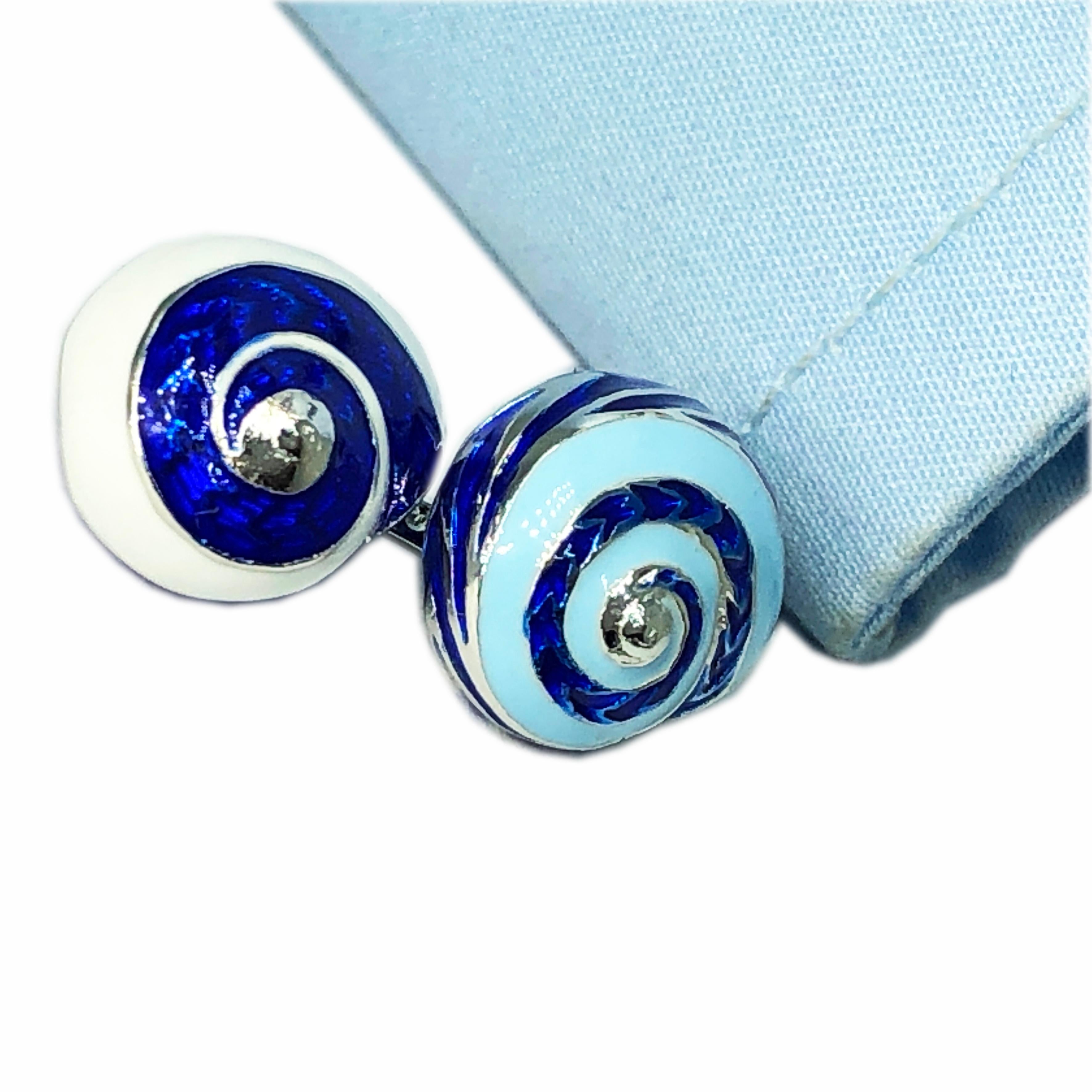 Berca Blue White Light Blue Enamelled Seashell Shaped Sterling Silver Cufflinks For Sale 12