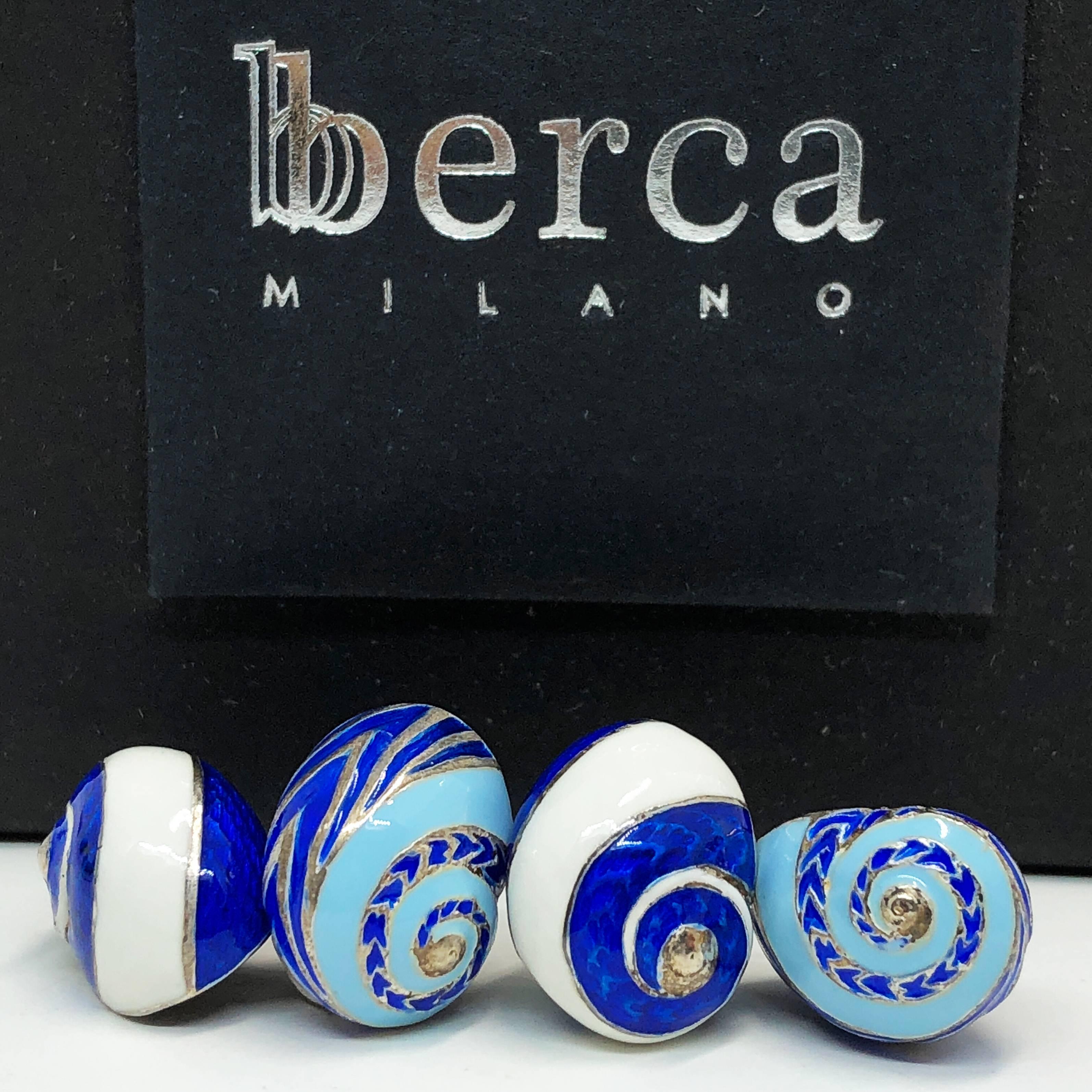 Unique and absolutely Chic, White, Blue, Light Blue Hand Enamelled Seashell Shaped Sterling Silver Cufflinks.
In our smart tobacco suede leather box and pouch.

Shell size about 0.511x0.393 inches
