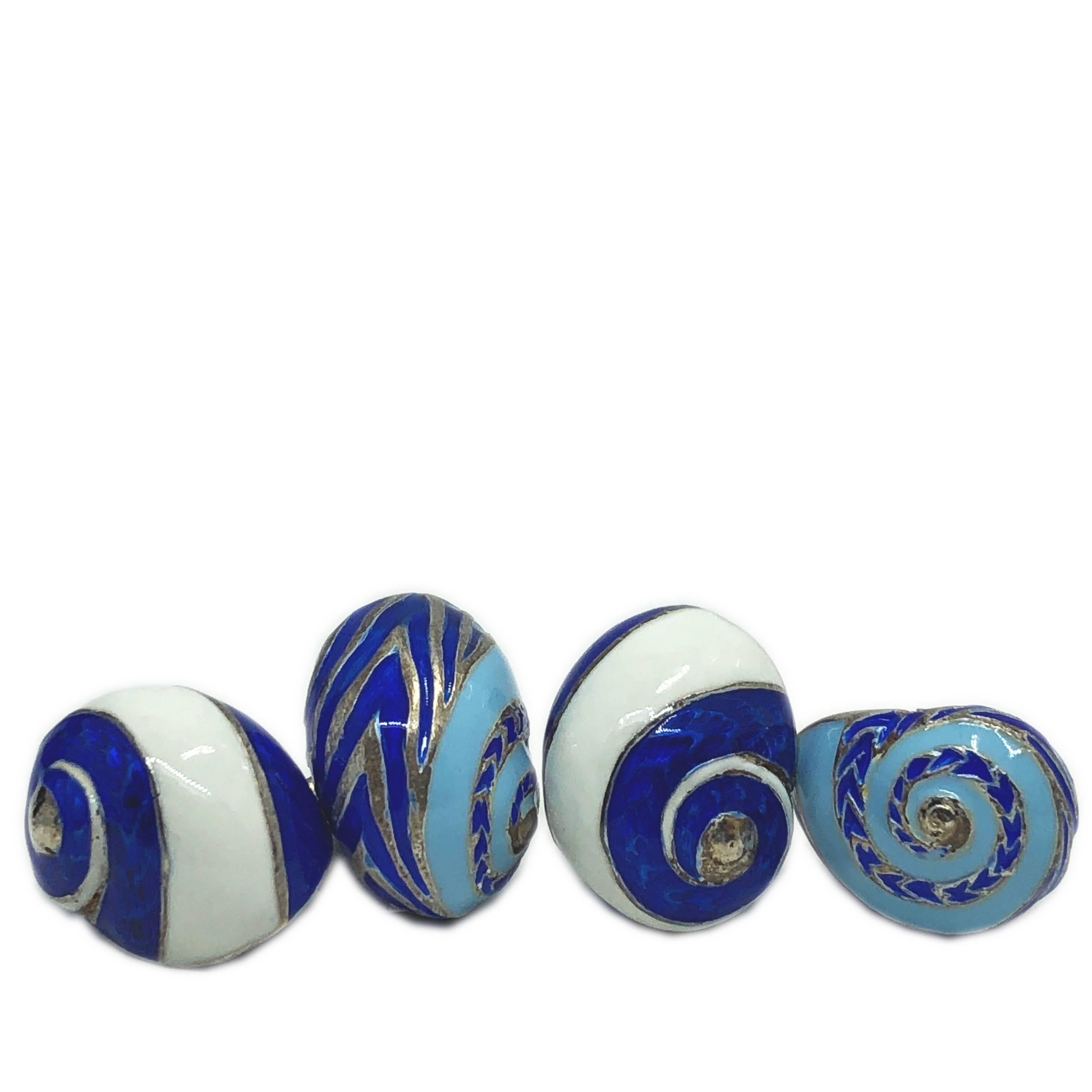 Contemporary Blue White Light Blue Hand Enamelled Seashell Shaped Sterling Silver Cufflinks