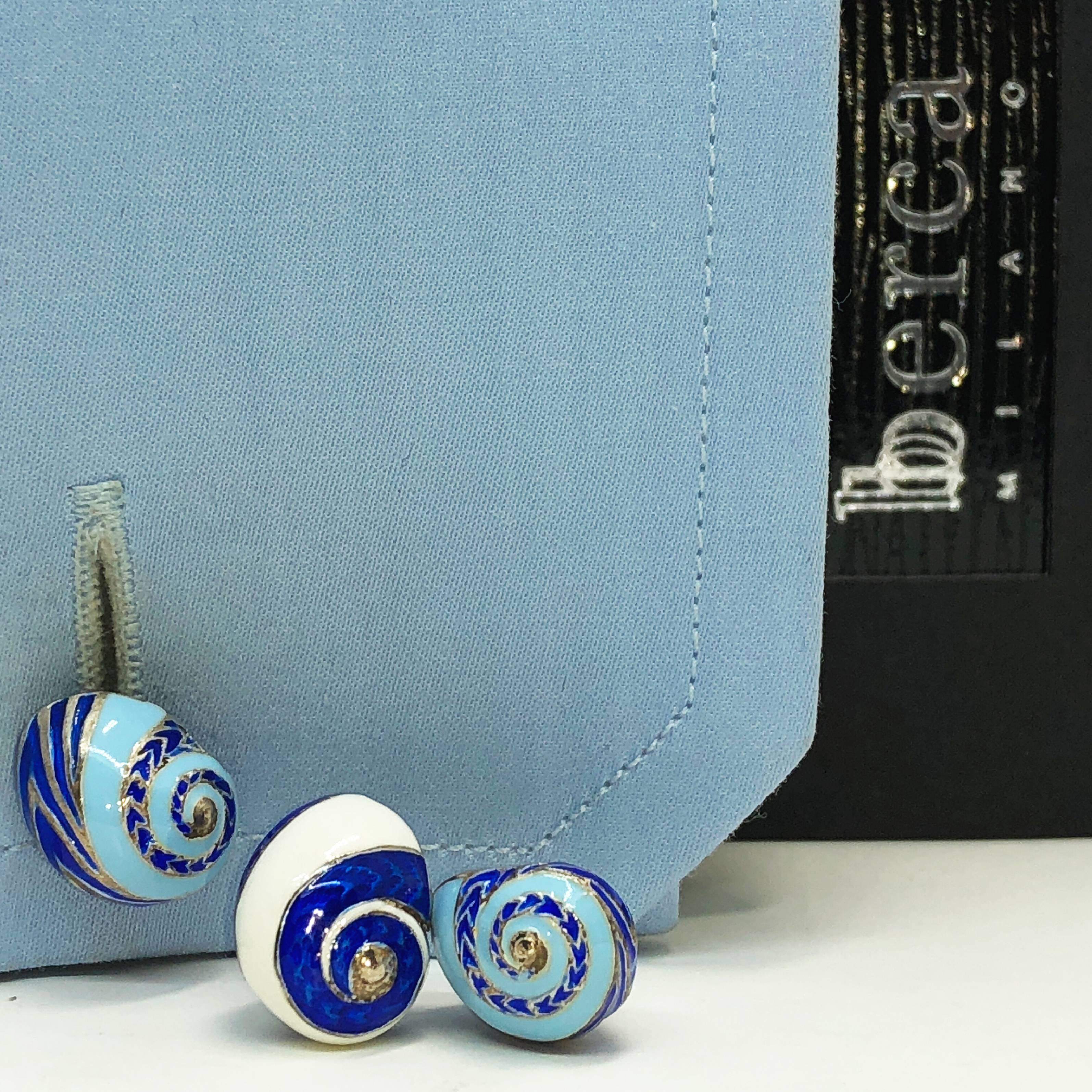Blue White Light Blue Hand Enamelled Seashell Shaped Sterling Silver Cufflinks In New Condition In Valenza, IT