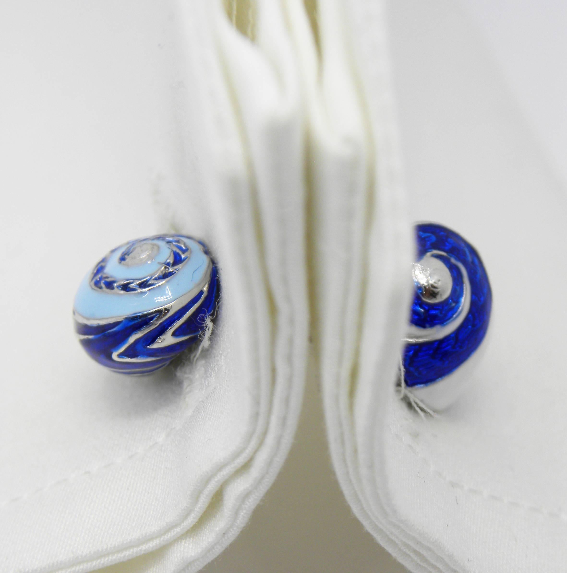 Men's Berca Blue White Light Blue Enamelled Seashell Shaped Sterling Silver Cufflinks For Sale