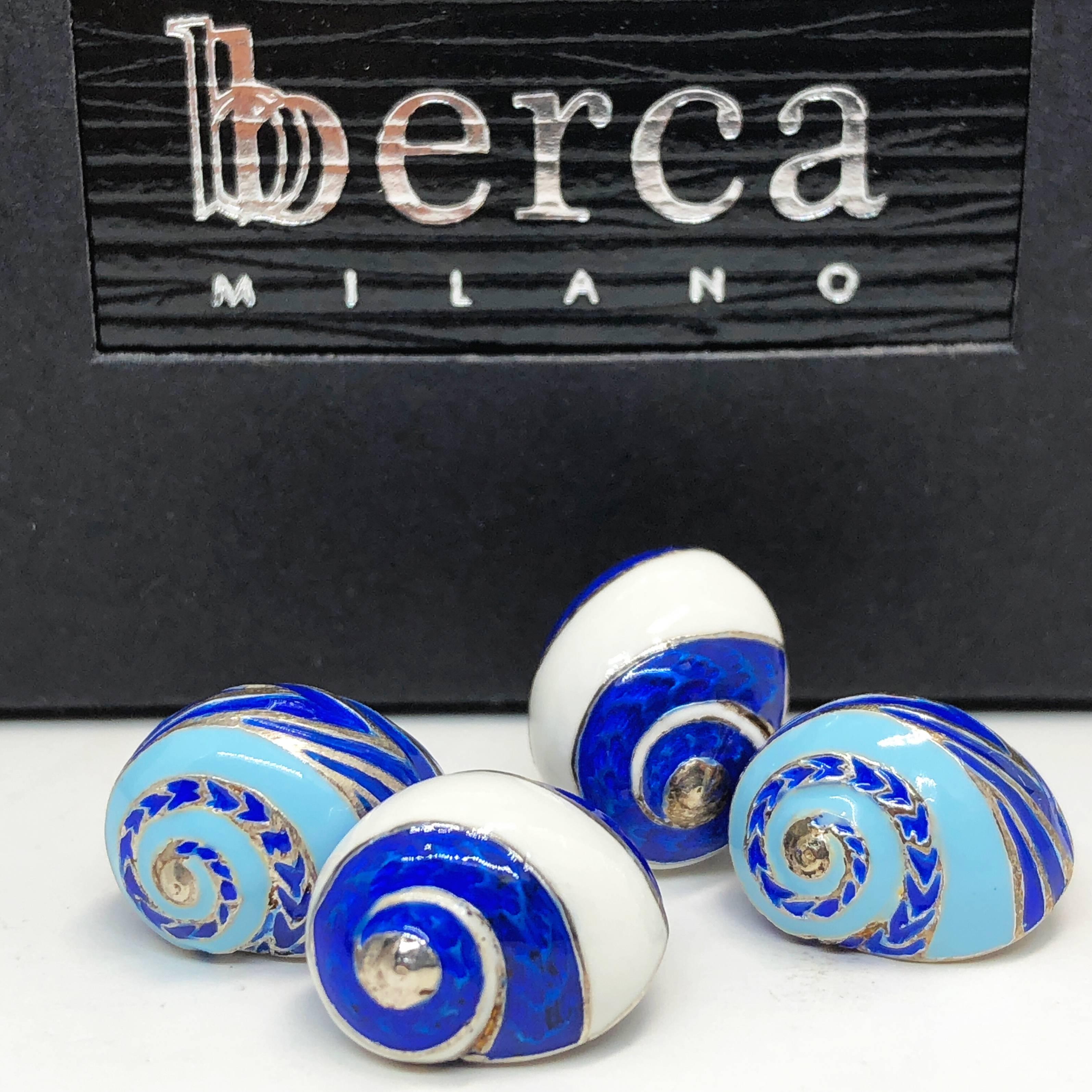 Berca Blue White Light Blue Enamelled Seashell Shaped Sterling Silver Cufflinks For Sale 1