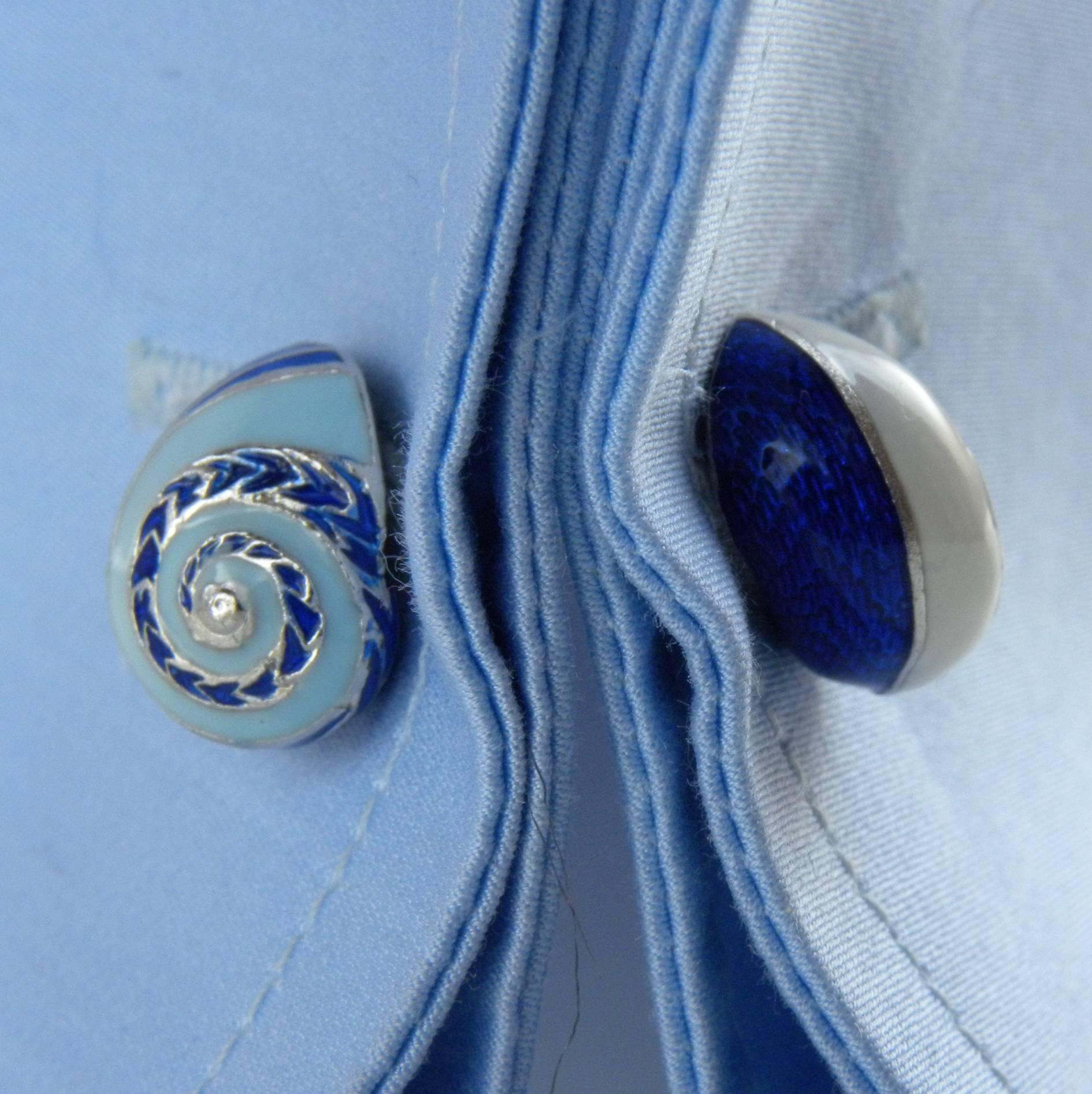 Berca Blue White Light Blue Enamelled Seashell Shaped Sterling Silver Cufflinks For Sale 2