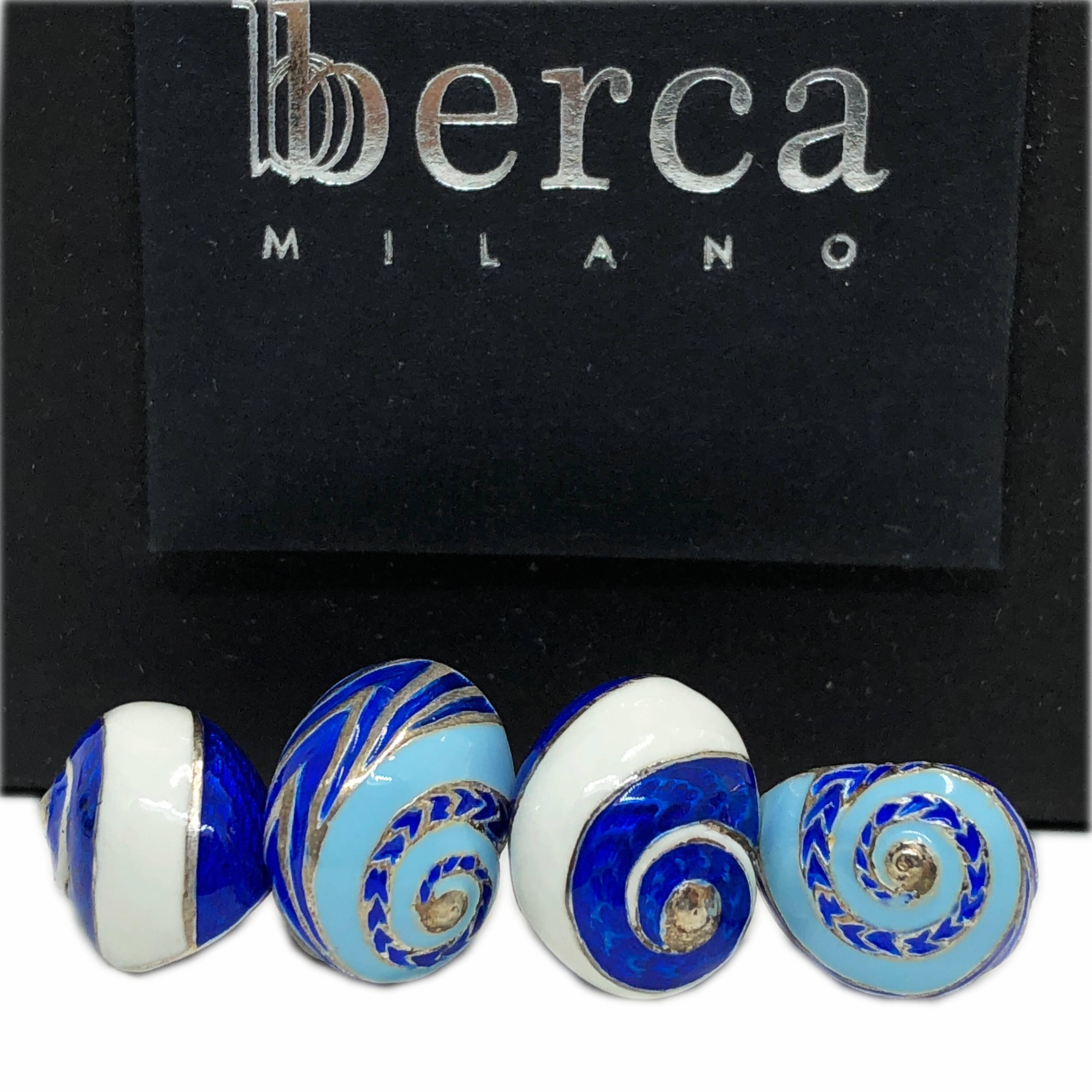 Berca Blue White Light Blue Enamelled Seashell Shaped Sterling Silver Cufflinks For Sale 4