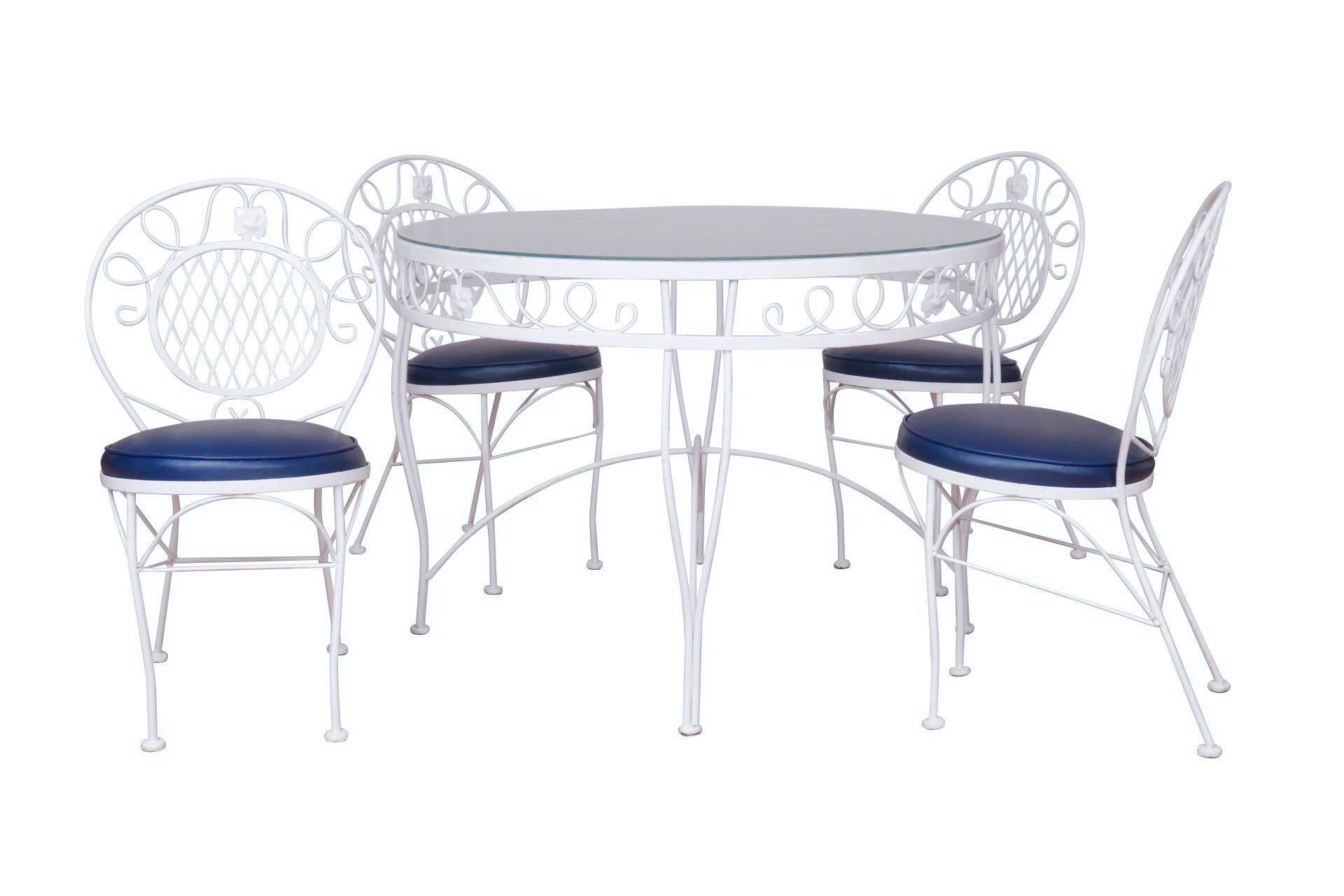 Métal Ensemble de salle à manger de patio en métal bleu et blanc en vente