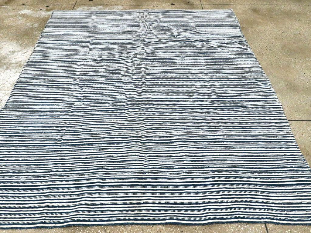 Modern Blue & White Mid-20th Century Handmade Persian Flatweave Kilim Square Accent Rug For Sale
