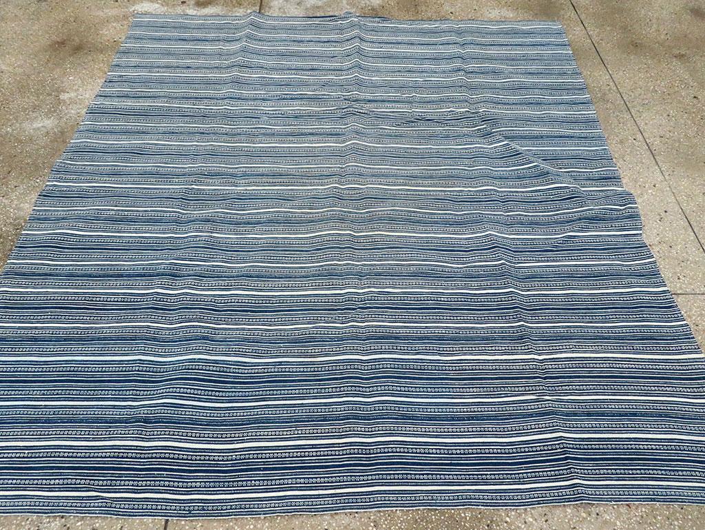 Modern Blue & White Mid-20th Century Handmade Persian Flatweave Kilim Square Accent Rug For Sale