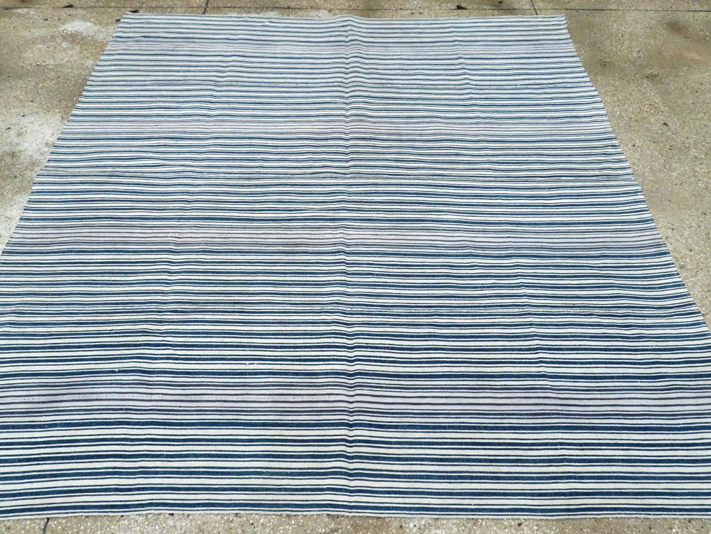 Modern Blue & White Mid-20th Century Handmade Persian Flatweave Kilim Square Accent Rug For Sale