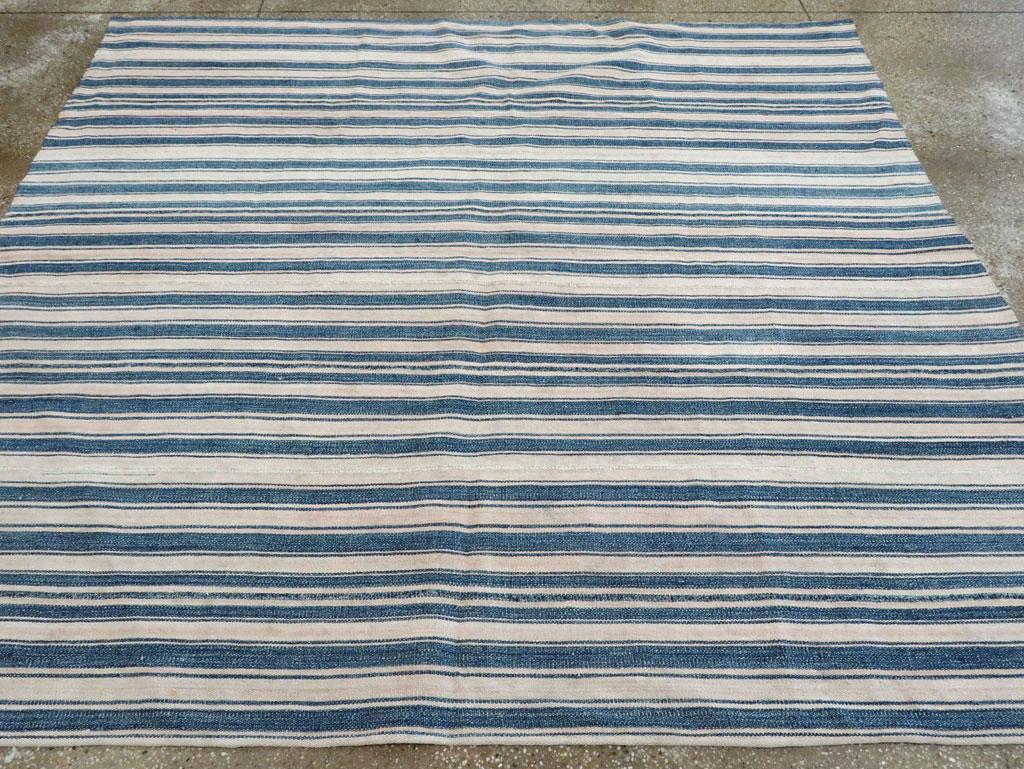 Hand-Woven Blue & White Mid-20th Century Handmade Persian Flatweave Kilim Square Accent Rug For Sale