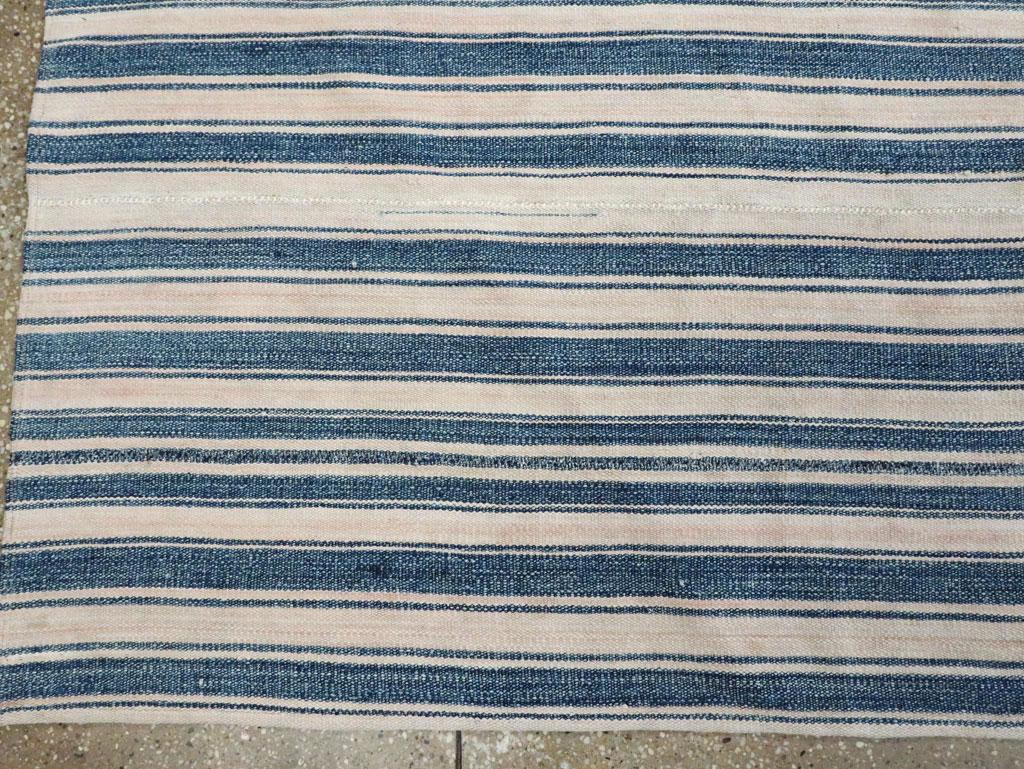 Blue & White Mid-20th Century Handmade Persian Flatweave Kilim Square Accent Rug In Excellent Condition For Sale In New York, NY