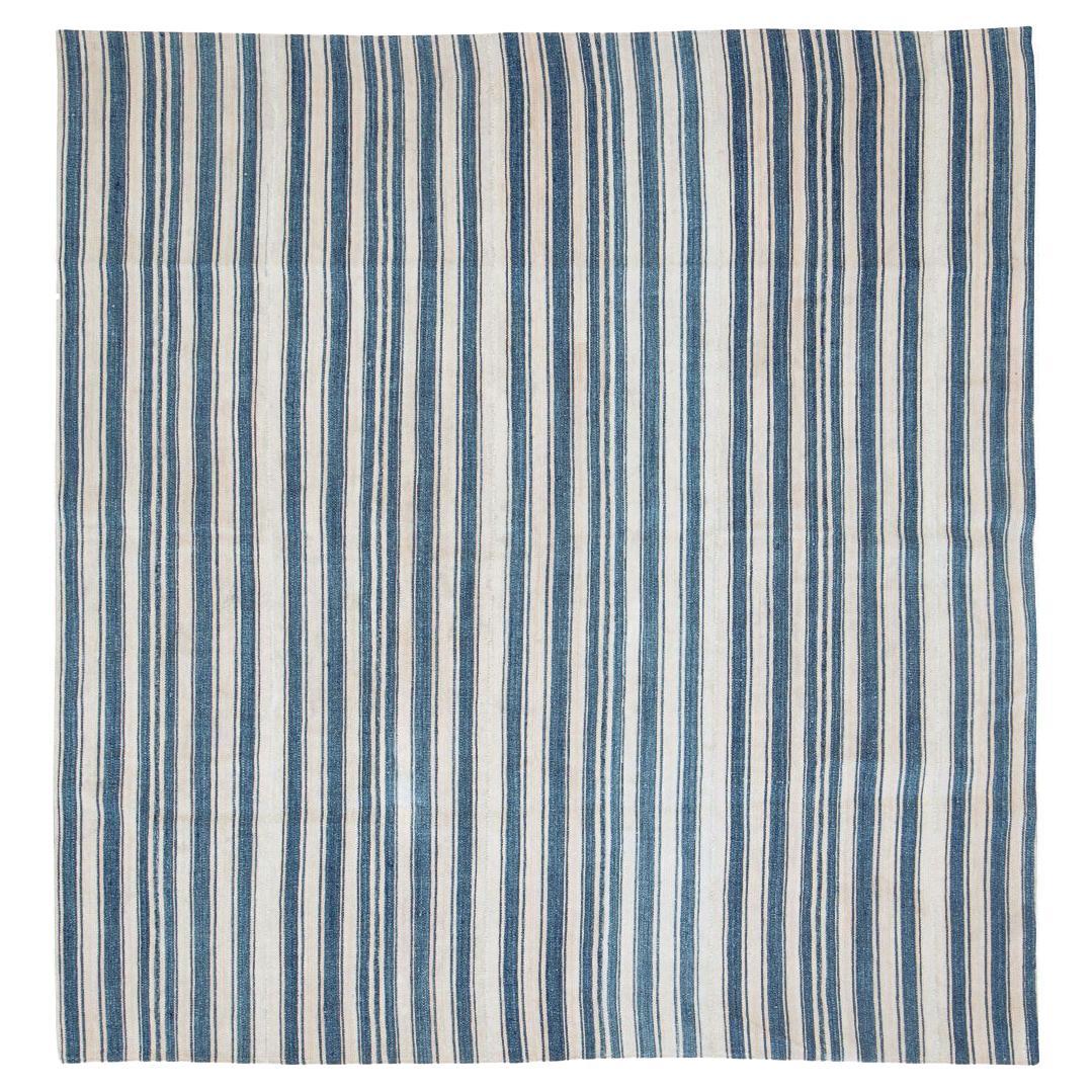Blue & White Mid-20th Century Handmade Persian Flatweave Kilim Square Accent Rug