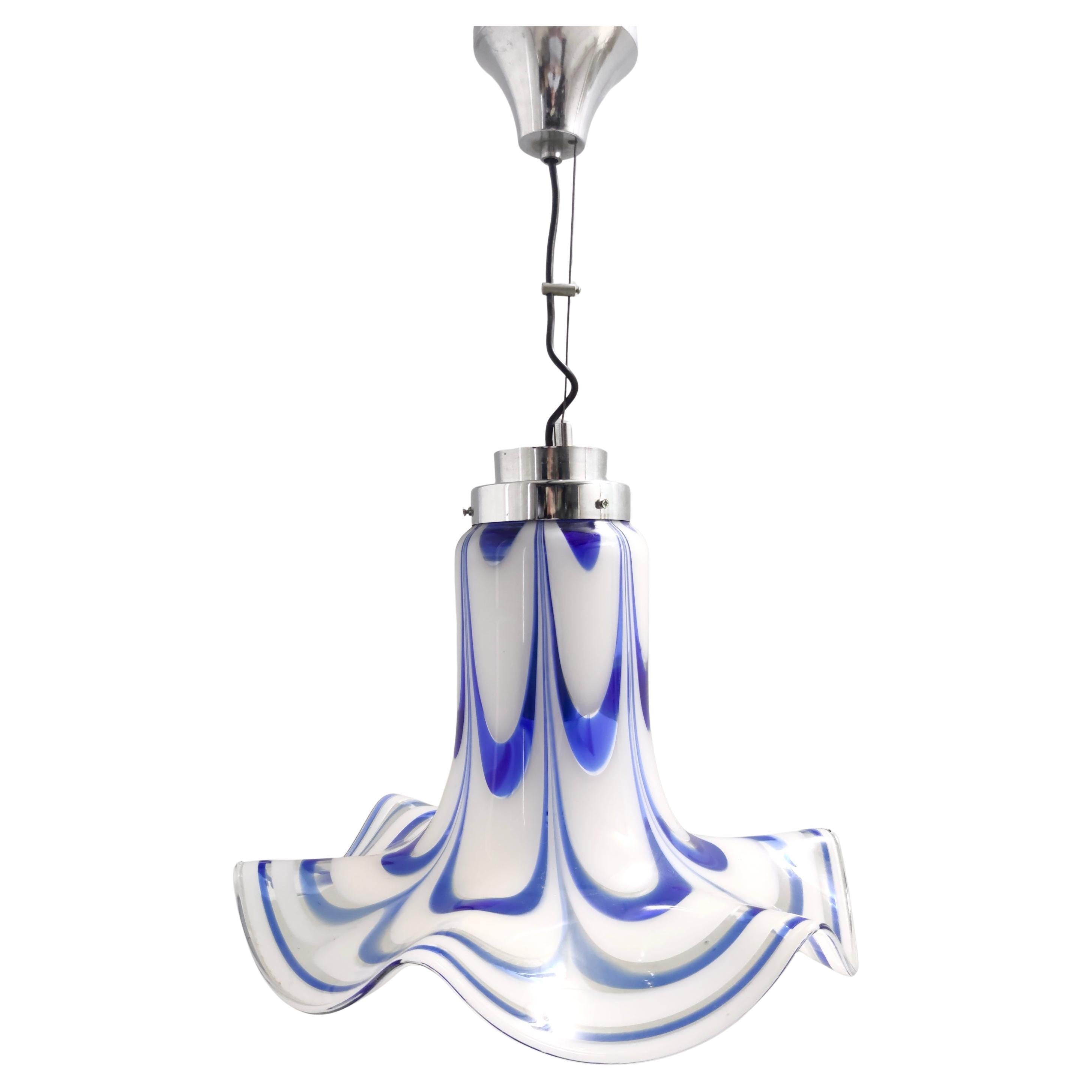 Blue & White Murano Glass Bell Pendant Attributed to Mazzega, Italy, 1970s