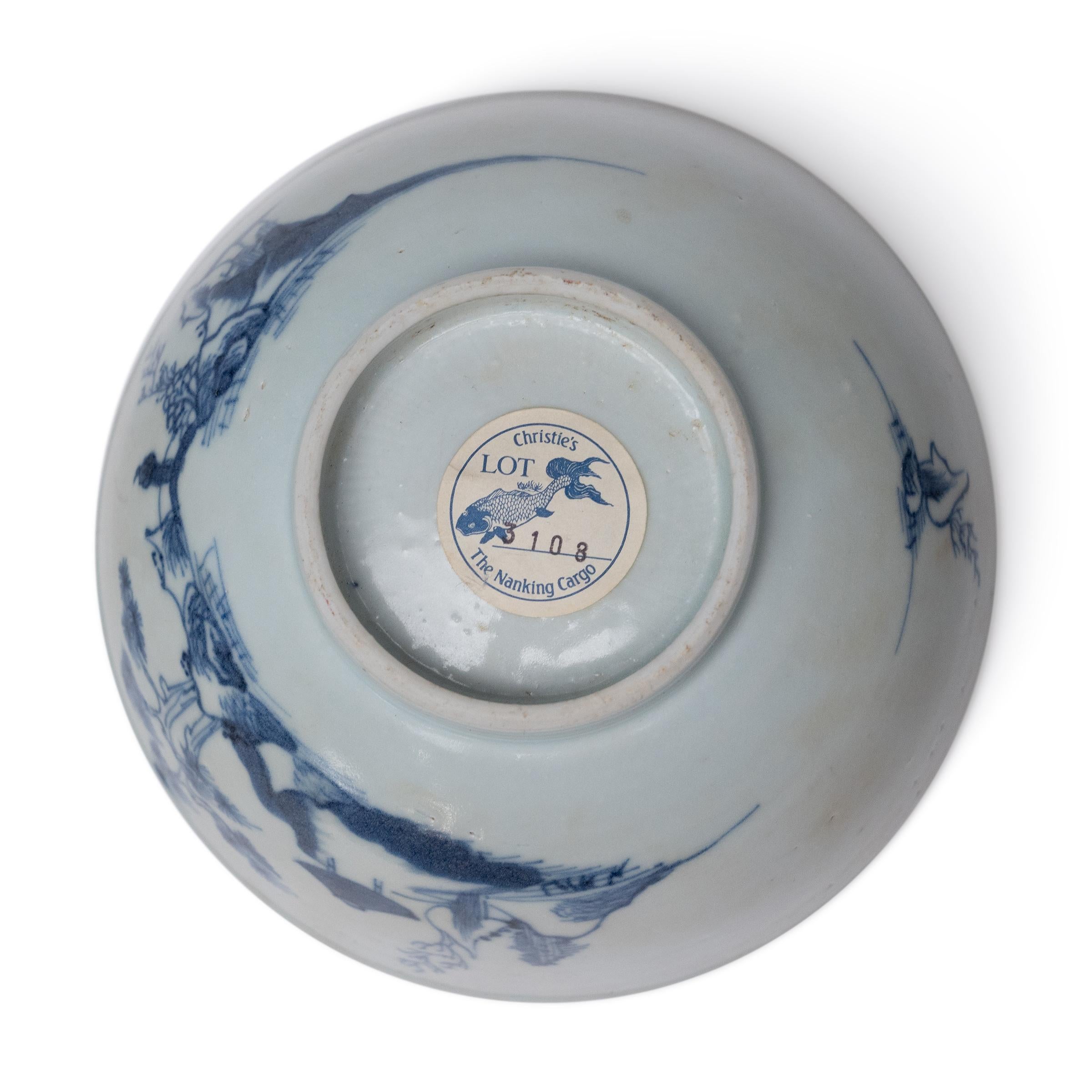 Vernissé Bol bleu et blanc à l'effigie de la cargaison de Nankin, C.I.C. 1750 en vente