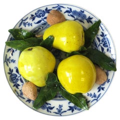 Blue & White Porcelain Bowl w/Fruit, Yellow Apples, Pears & Almonds Centerpiece