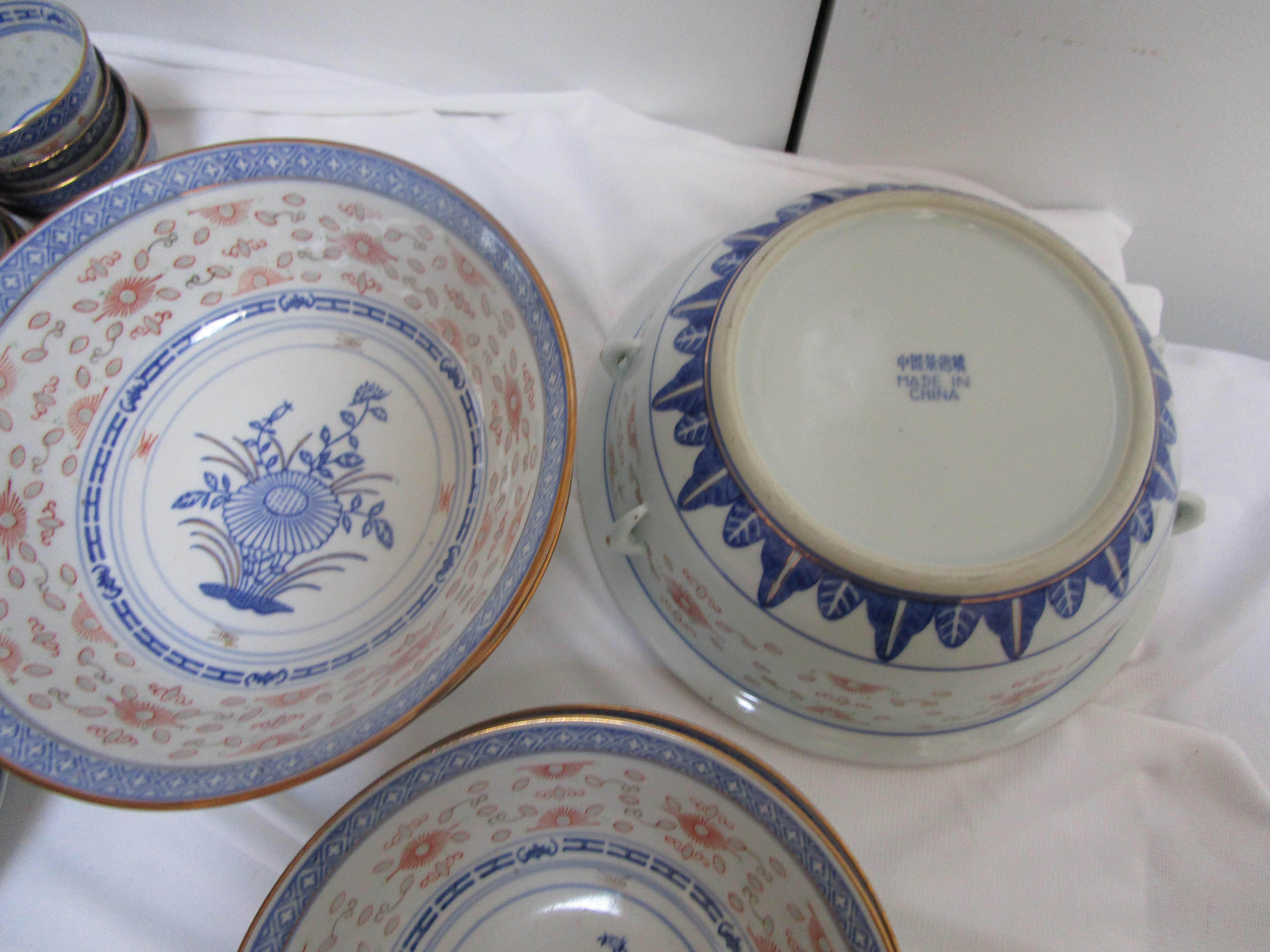 Chinese Blue, White Porcelain Gilt Lotus Flower Jingdezhen Serving Bowls, Teacups For Sale