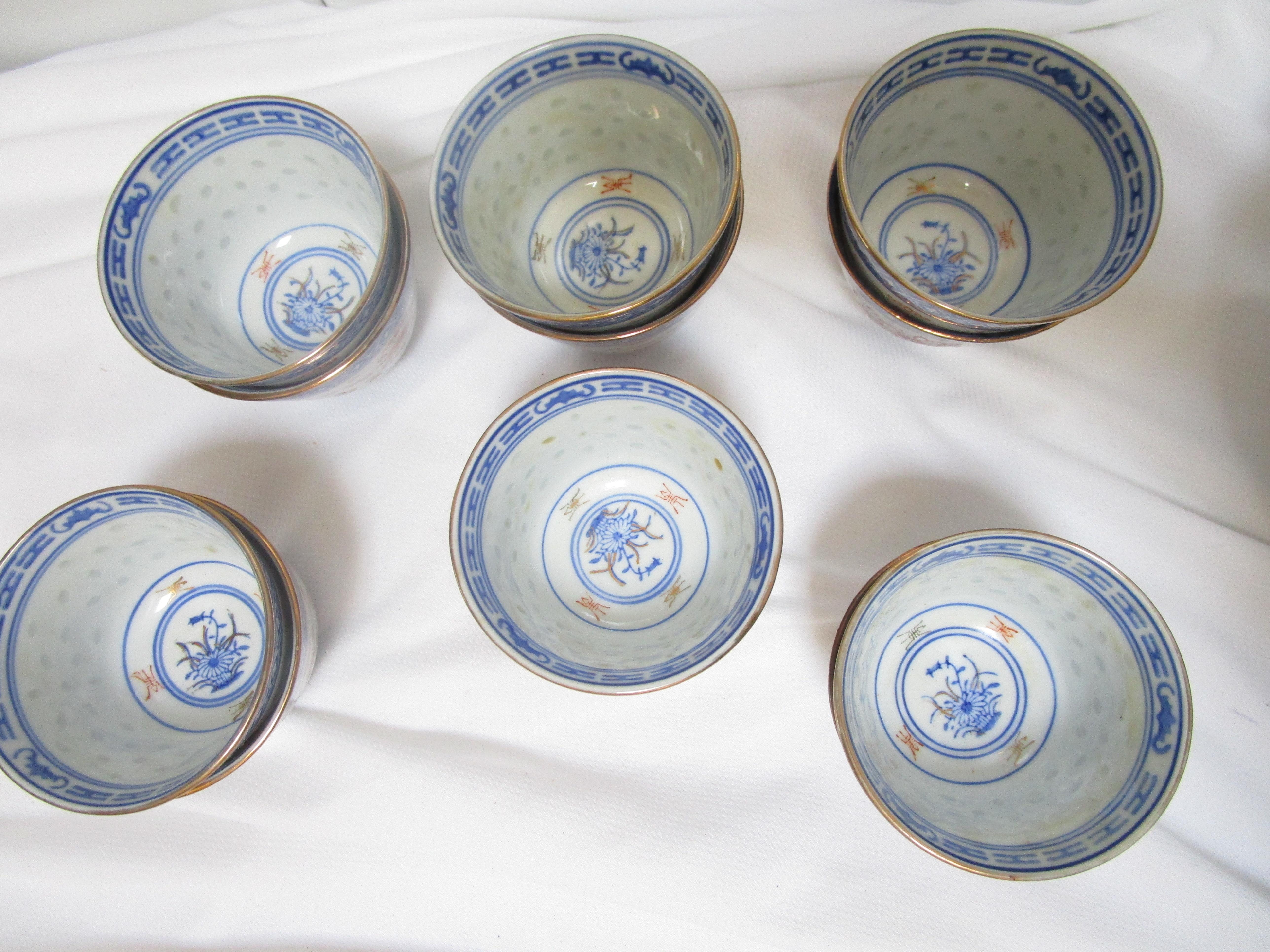 Ceramic Blue, White Porcelain Gilt Lotus Flower Jingdezhen Serving Bowls, Teacups For Sale