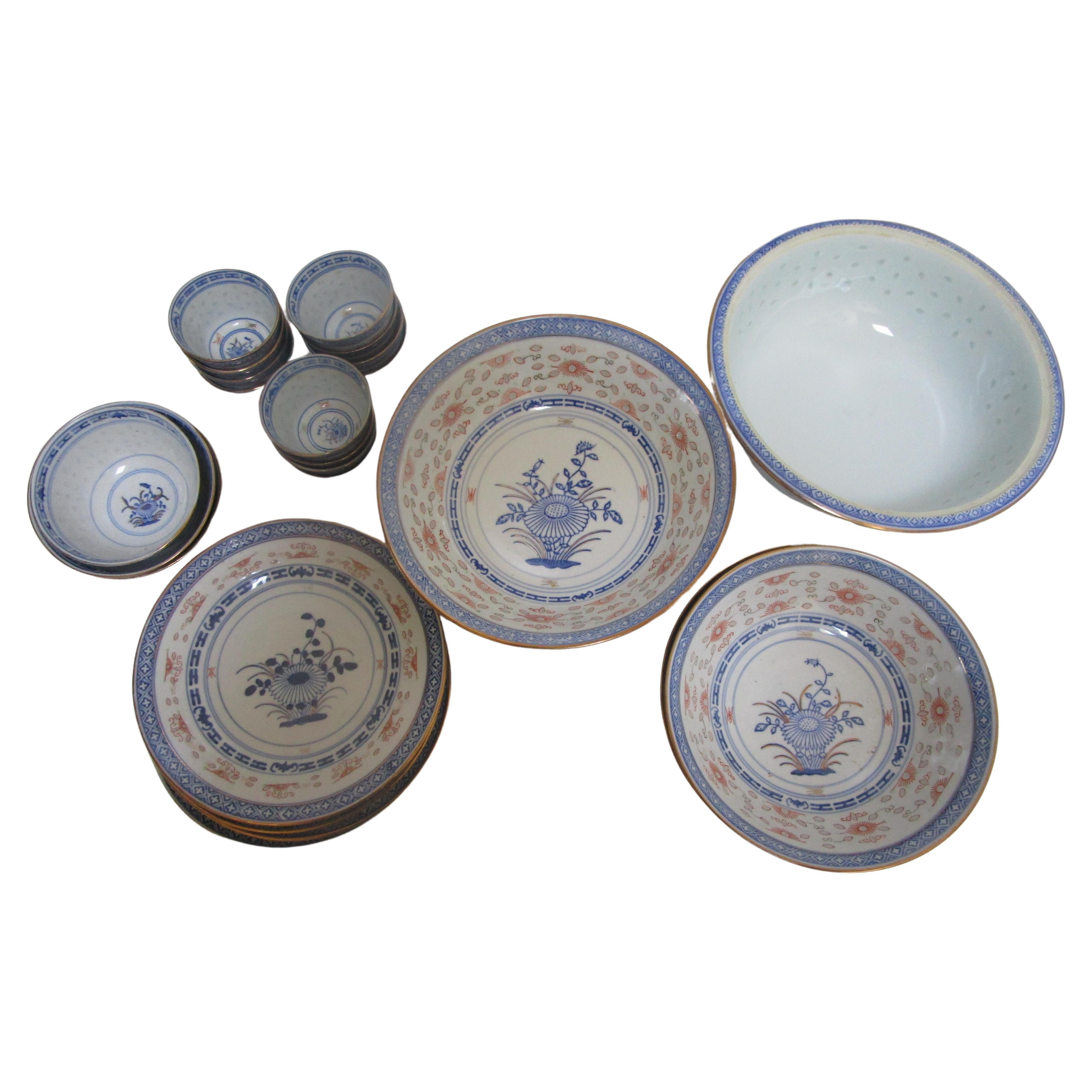 Blue, White Porcelain Gilt Lotus Flower Jingdezhen Serving Bowls, Teacups