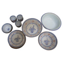Vintage Blue, White Porcelain Gilt Lotus Flower Jingdezhen Serving Bowls, Teacups