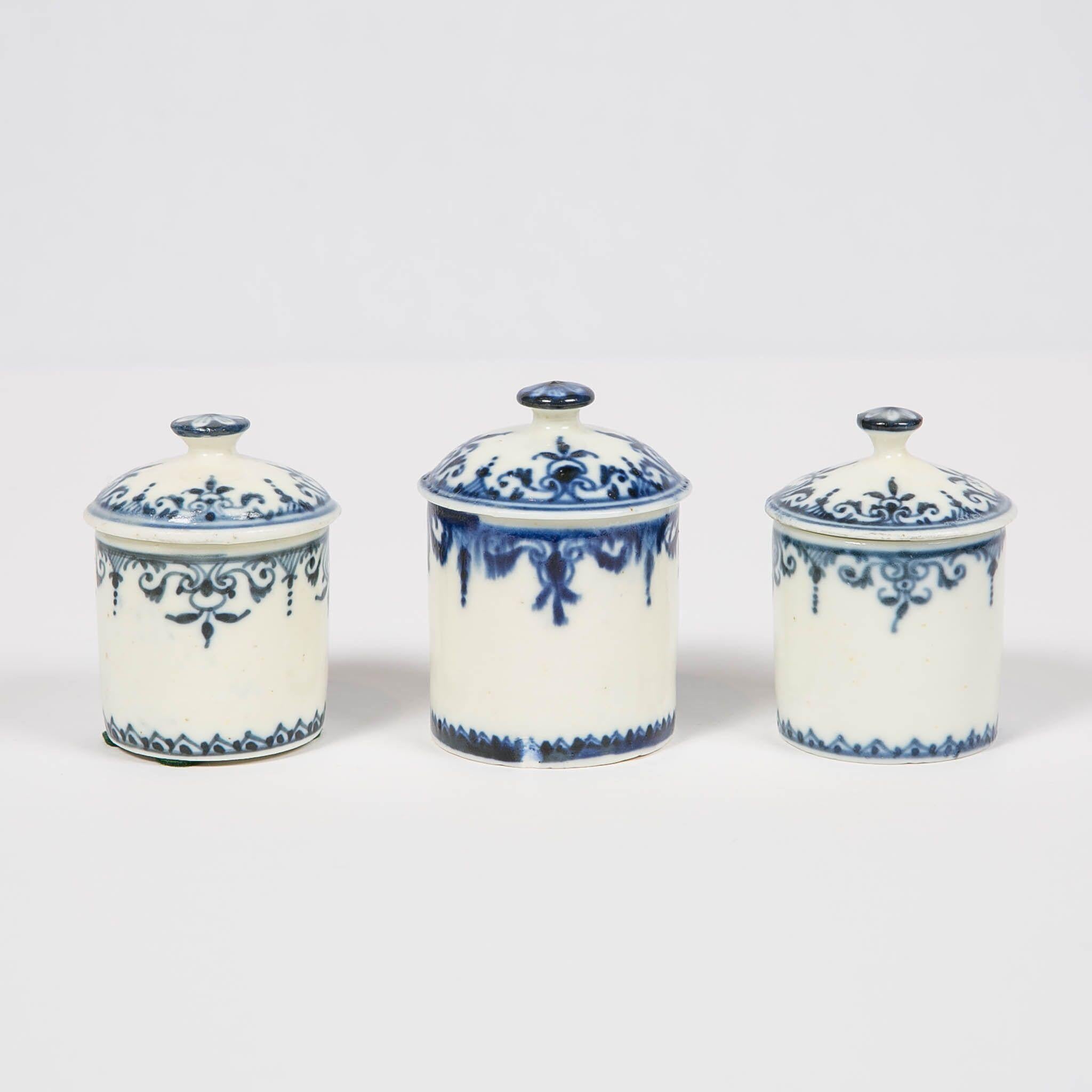 We are proud to offer this set of three small Saint Cloud blue and white porcelain jars. 
According to W.B.Honey the typical blue-painted Saint-Cloud Porcelain 