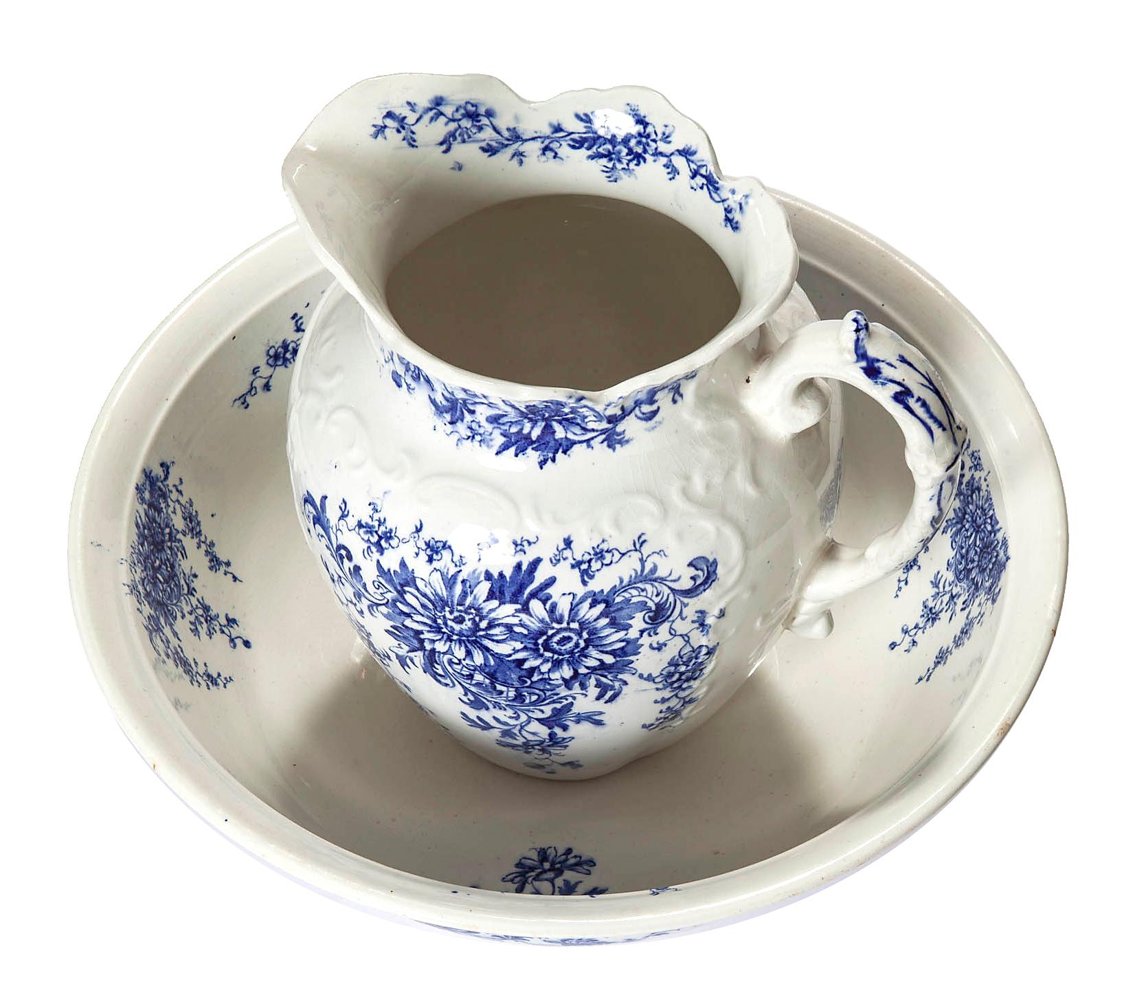 English ironstone antique blue & white bowl & pitcher set featuring a floral designs throughout.
Pitcher & bowl in perfect condition with no chips or cracks.
Both hold water.
Pitcher 12x12x10
