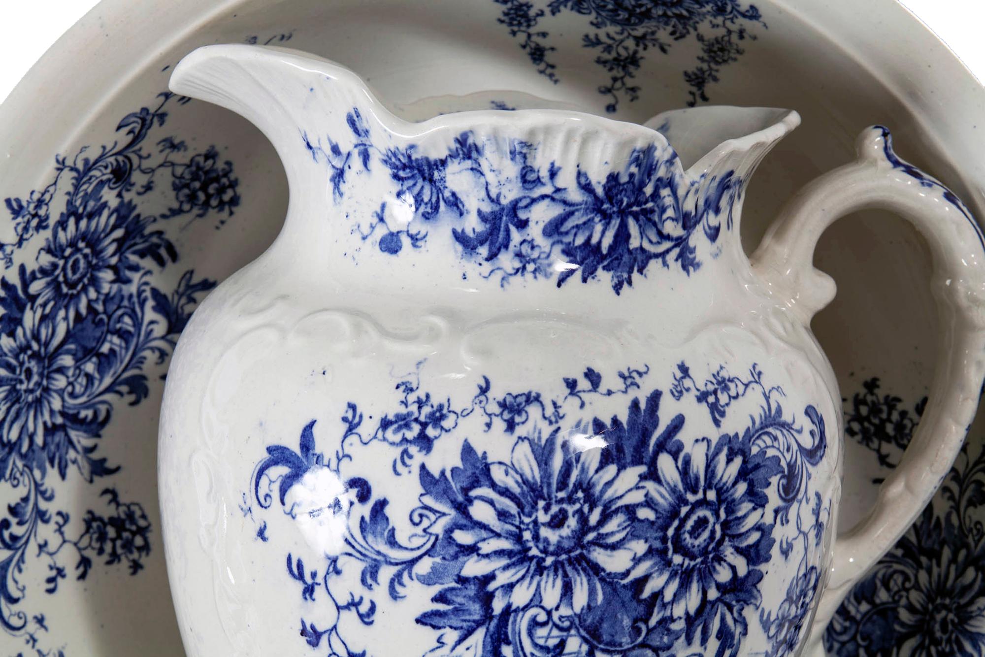 Victorian Blue & White Porcelain Pitcher & Bowl