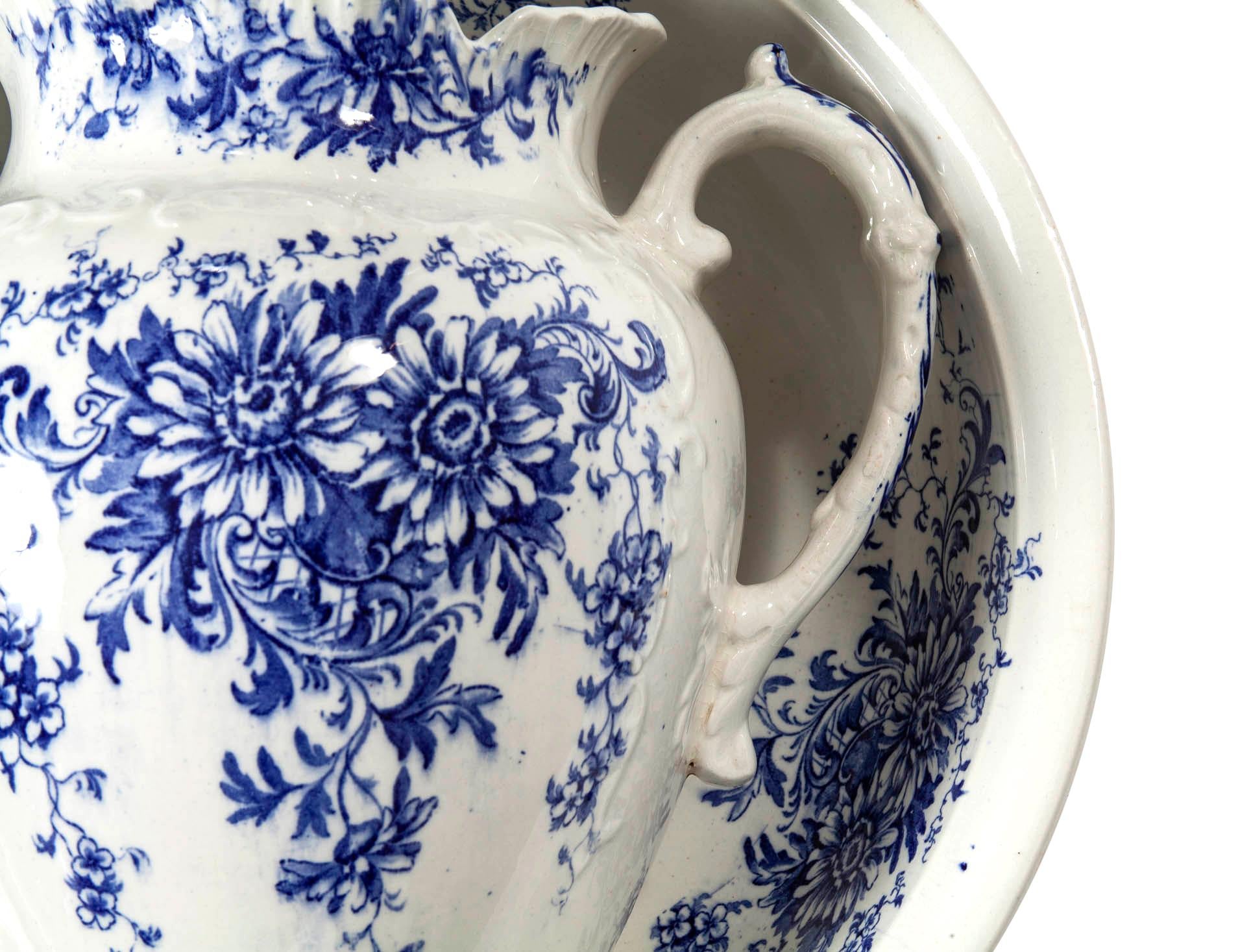 English Blue & White Porcelain Pitcher & Bowl