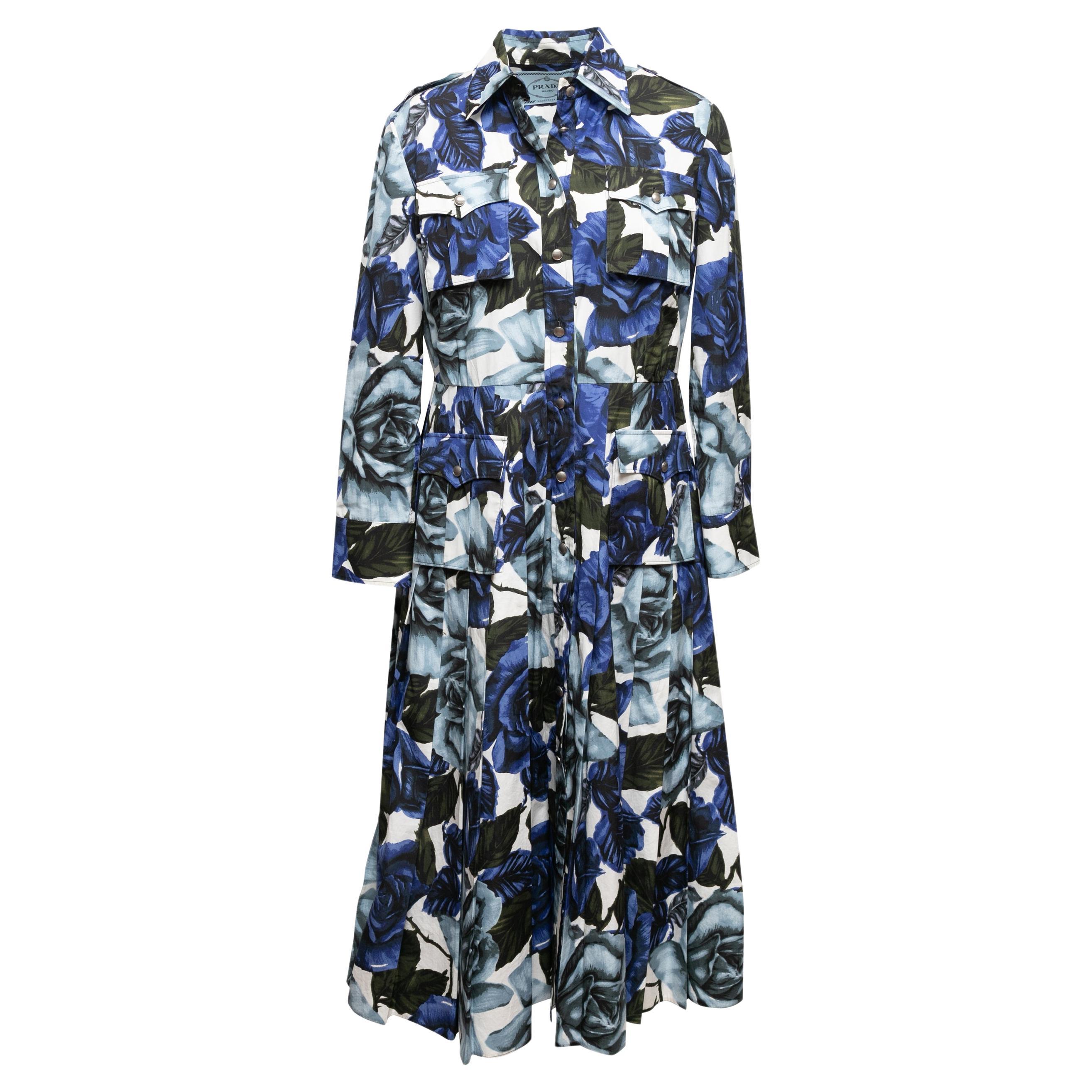 Blue & White Prada Rose Print Maxi Dress Size IT 44 For Sale
