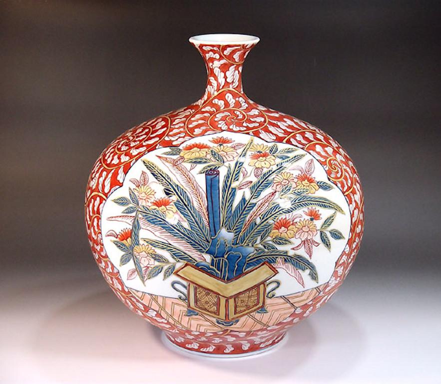 Hand-Painted Blue White Red Porcelain Vase by Contemporary Japanese Master Artist For Sale
