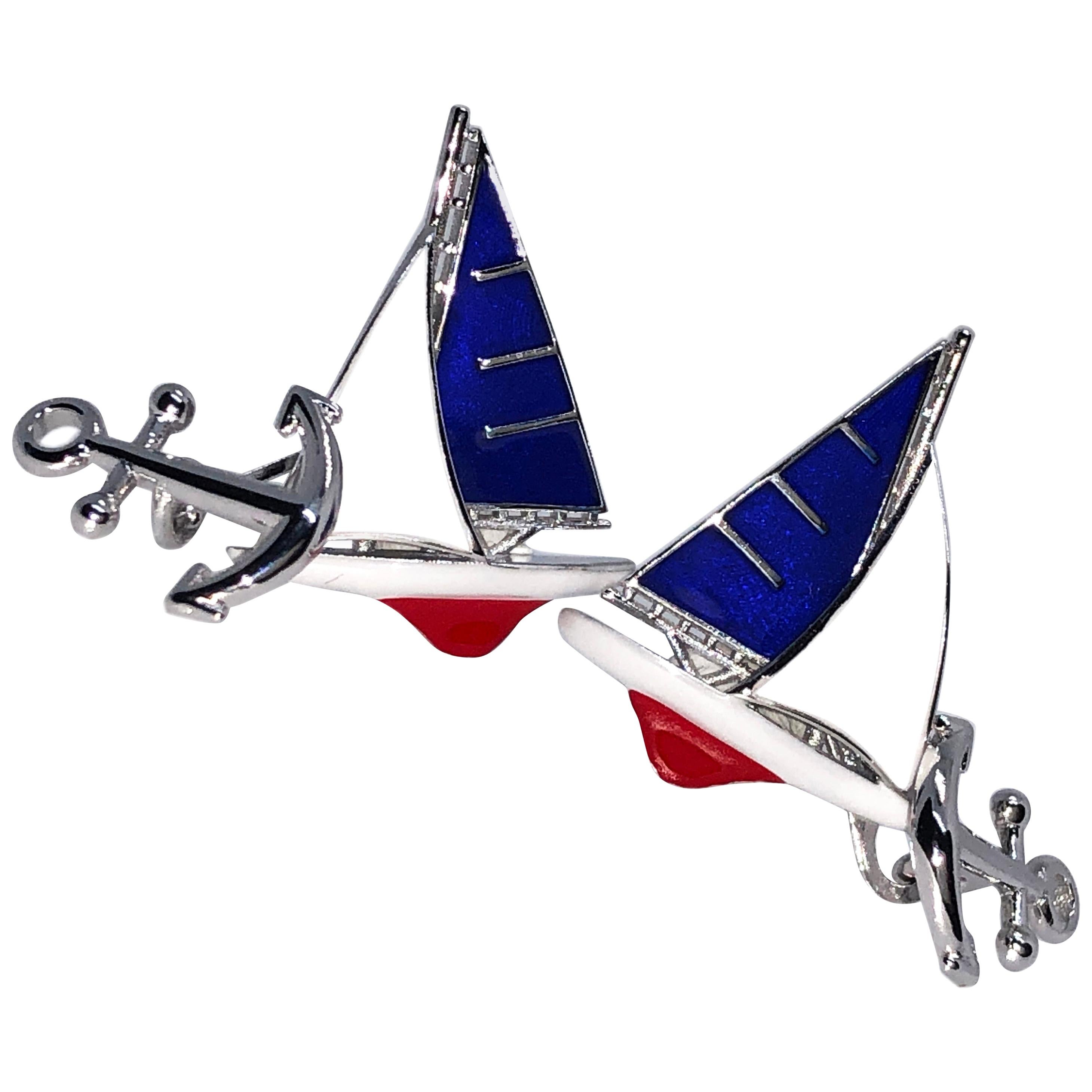 Berca Blue White Red Sailing Boat Little Anchor Back Sterling Silver Cufflinks